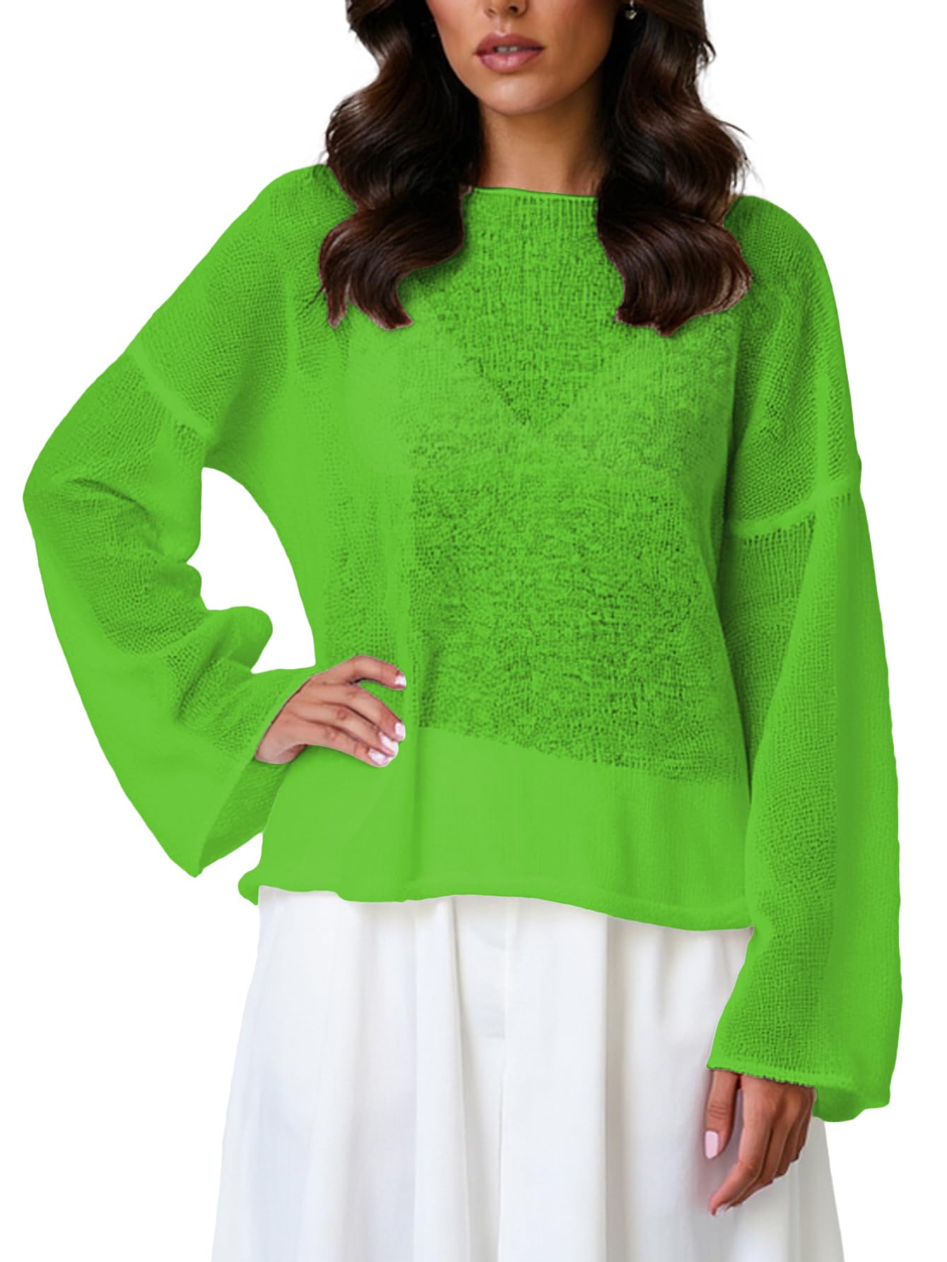 Womens Loose Fit Sheer Knit Sweater Round Neck Long Sleeve Solid Pullover Tops