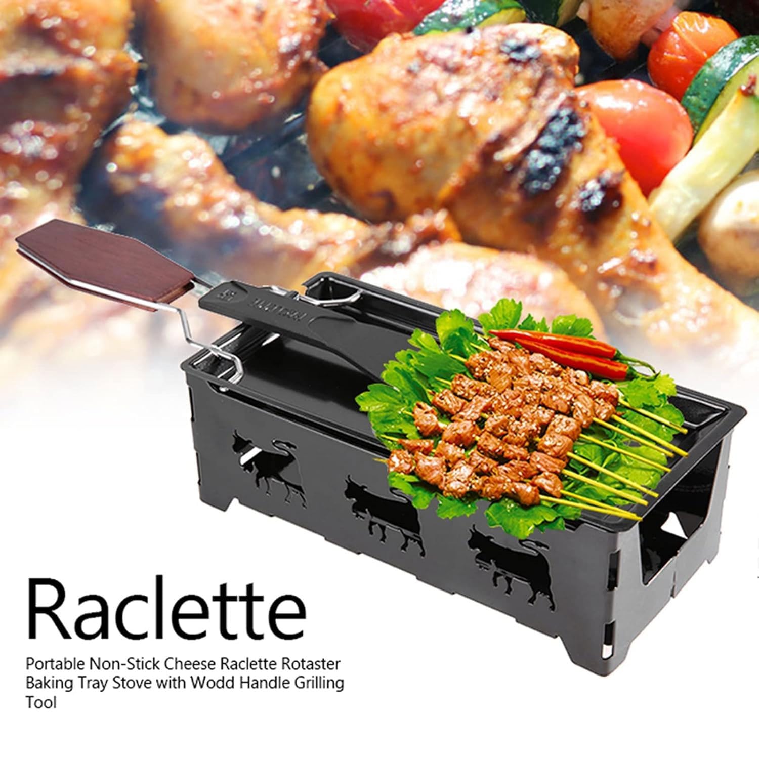 Raclette grill nieprzywierający do topienia sera, profesjonalna forma do topienia sera z szpatułką, obrotowa blacha do pieczenia ze składanym drewnianym uchwytem do sera, mięsa, ryb, warzyw