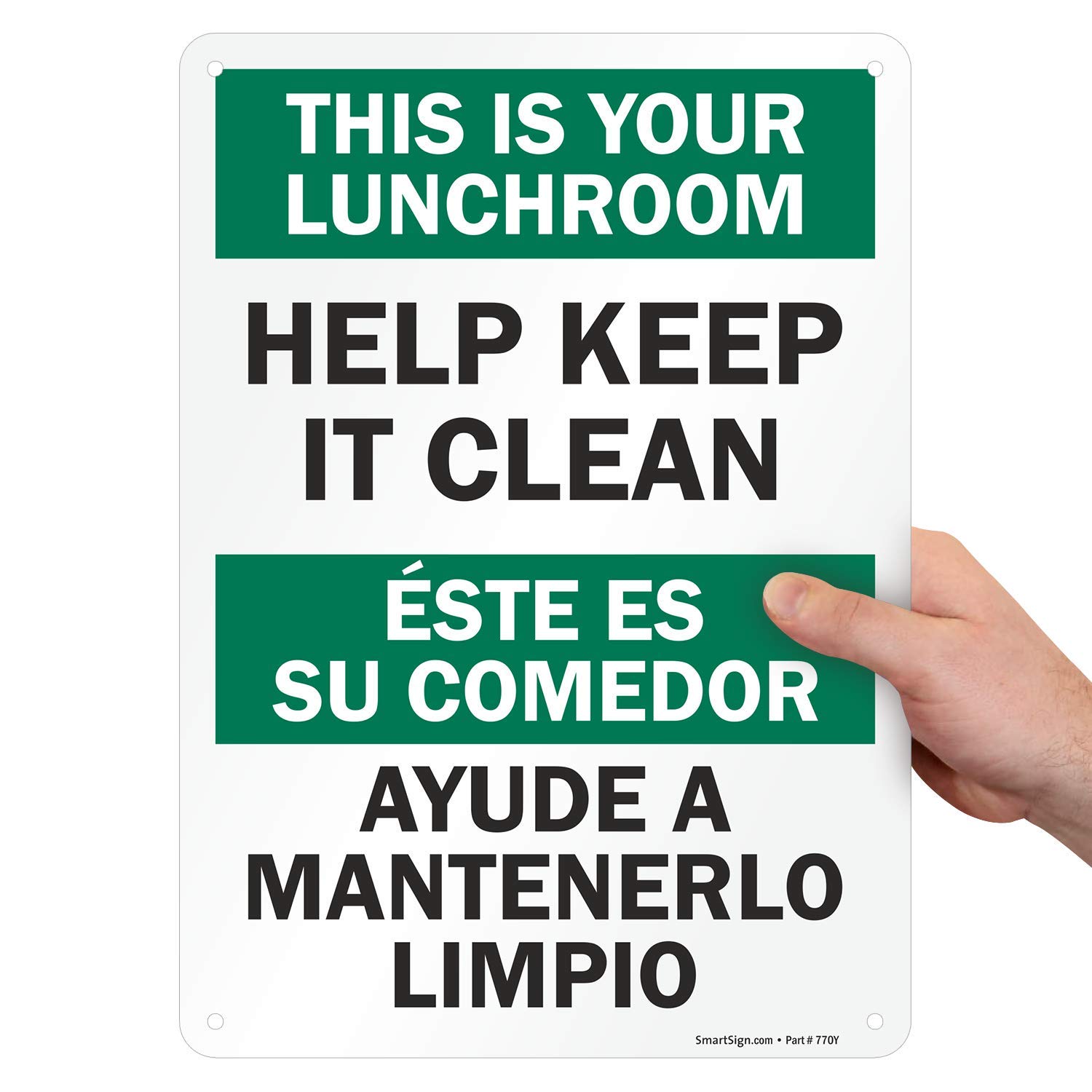 SmartSign 14 x 10 inch “This Is Your Lunchroom - Help Keep It Clean” Bilingual Sign, Digital Printing, 55 mil HDPE Plastic, Green, Black and White,