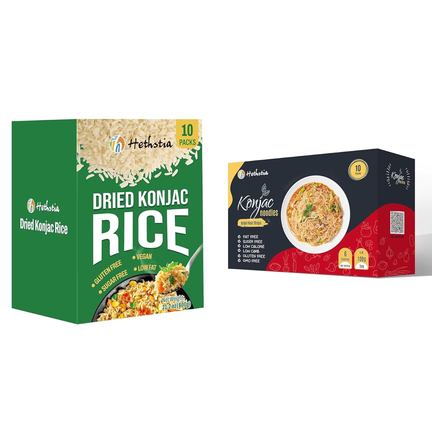 Hethstia Konjac Meal Pair – Fideos Shirataki Angel Hair + Arroz Seco Shirataki (10 x 2.12oz)