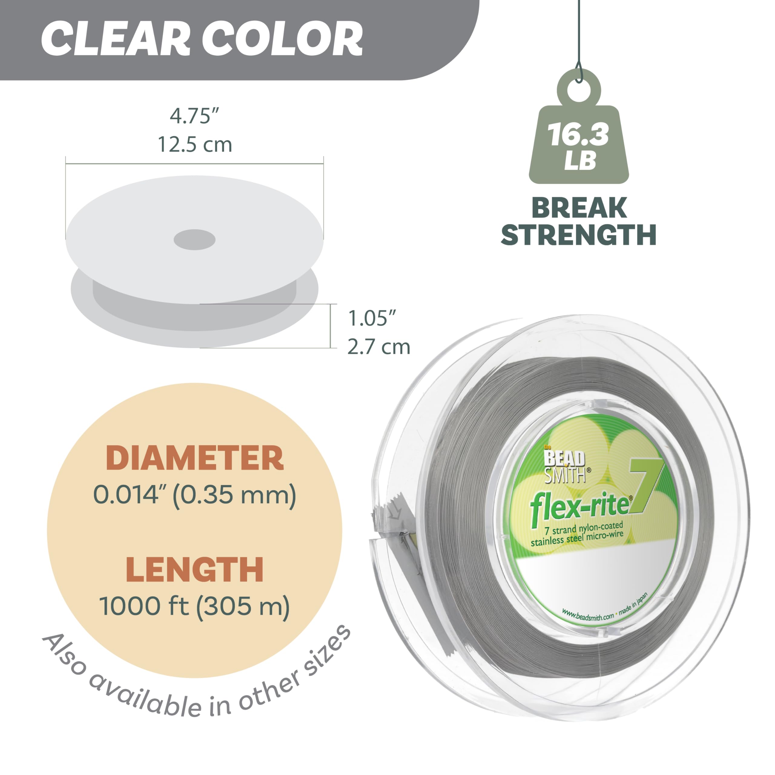 The Beadsmith Alambre para bisutería Flex-Rite - Alambre de acero inoxidable recubierto de nailon de 7 hebras, 0,014" (0,35 mm) de diámetro, transparente, carrete de 1000 pies.