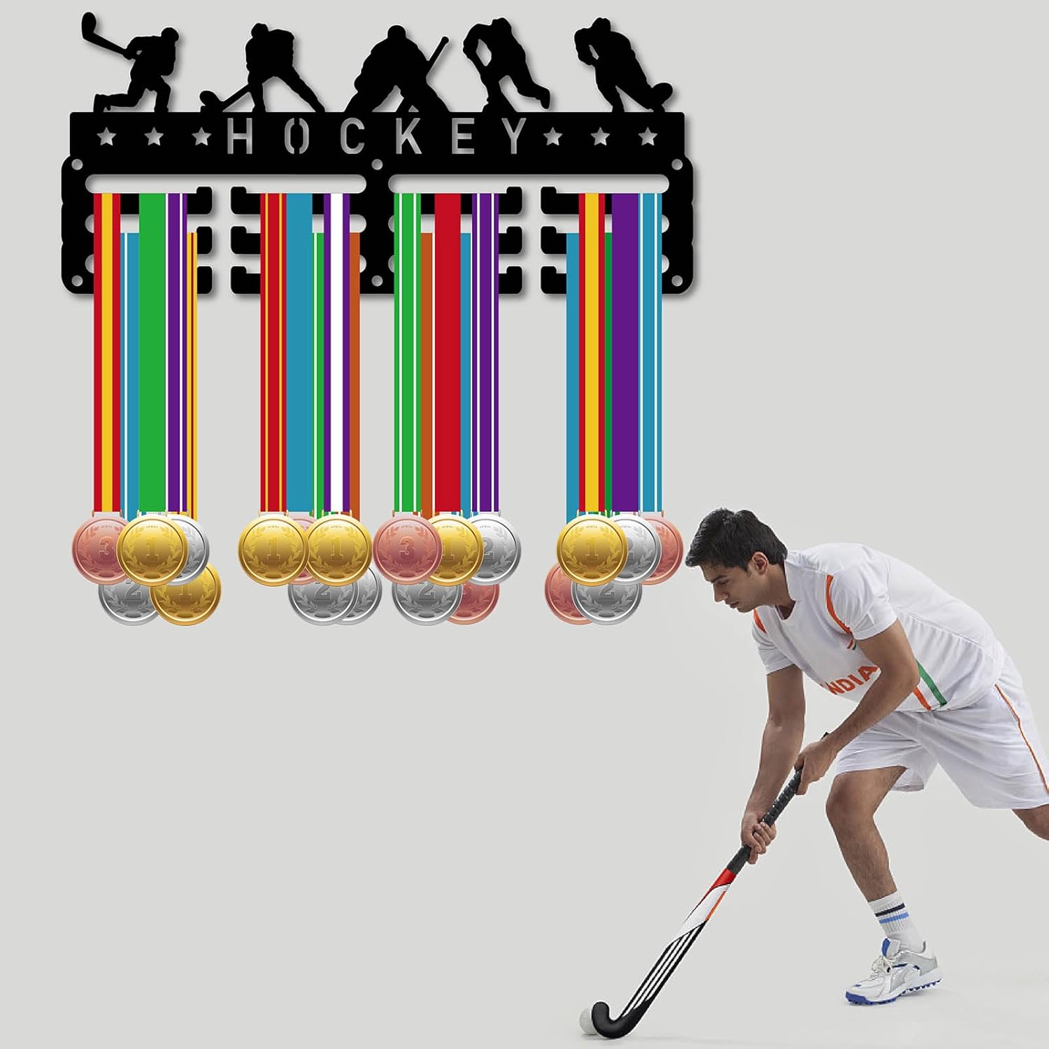 CREATCABIN Hockey Medal Holder Runner Medal Hanger Display Rack Sports Metal Hanging Awards Iron Small Mount Decor Awards for Wall Home Badge Race Runner Marathon Medalist Black 11.4 x 5.1 Inch