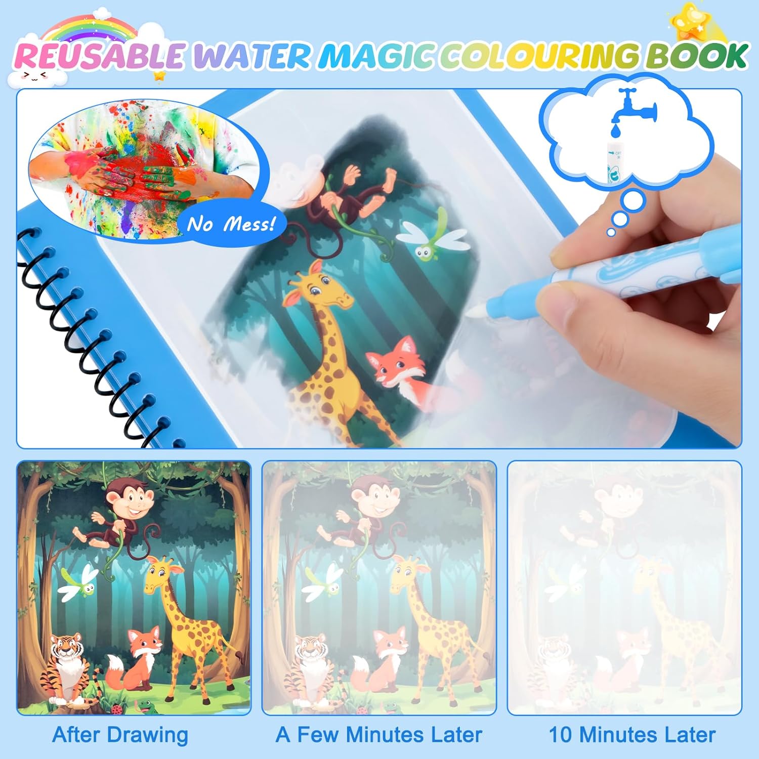 MINISOISO Water Drawing Book, 6 Pieces Magic Book with Water Pen, Reusable Magic Water Book for Kids, Boys, Girls, Toddlers, Christmas Gift