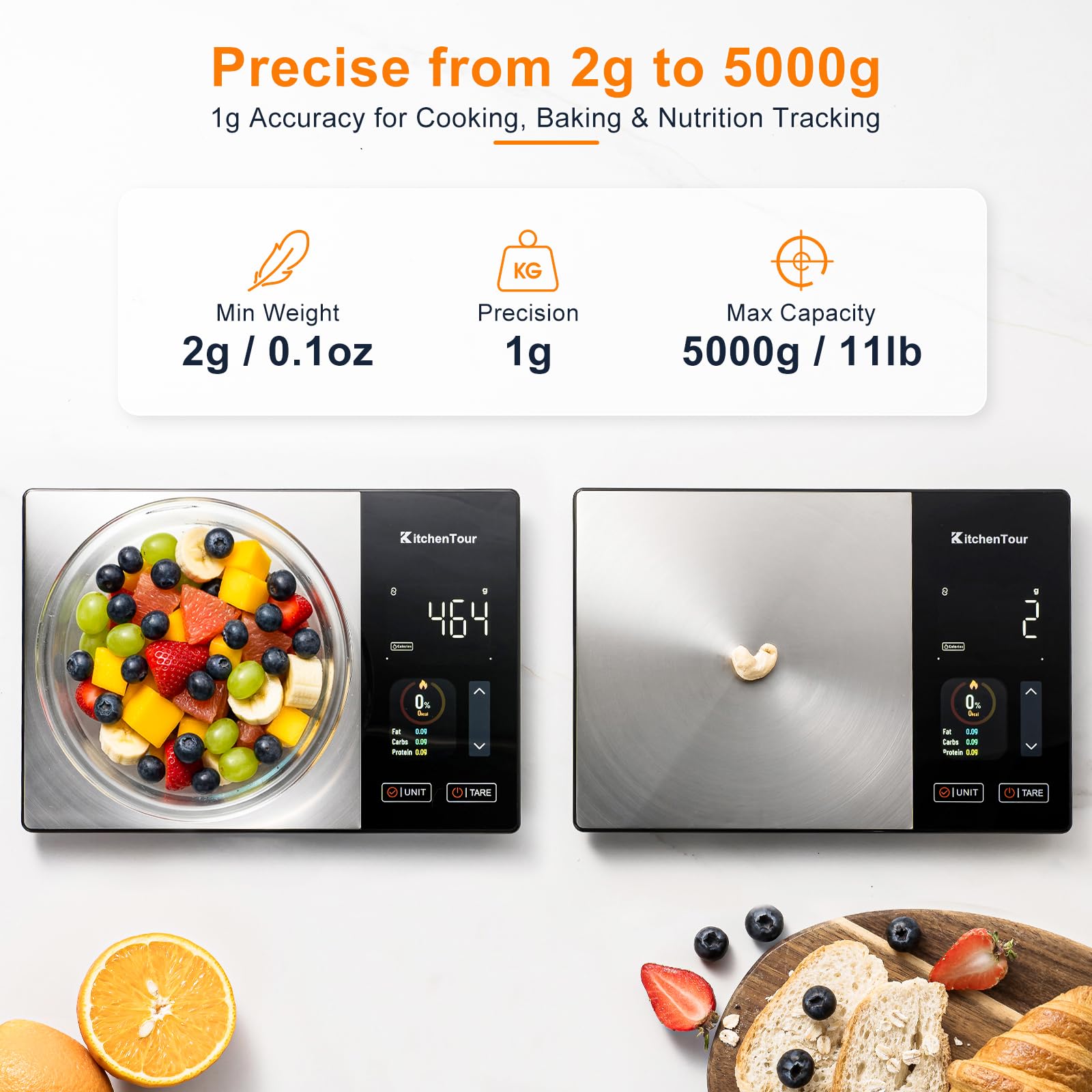 KitchenTour - Báscula inteligente de alimentos con calculadora nutricional, aplicación Bluetooth para seguimiento de calorías y macros, 24 nutrientes, báscula de cocina de acero inoxidable de 11