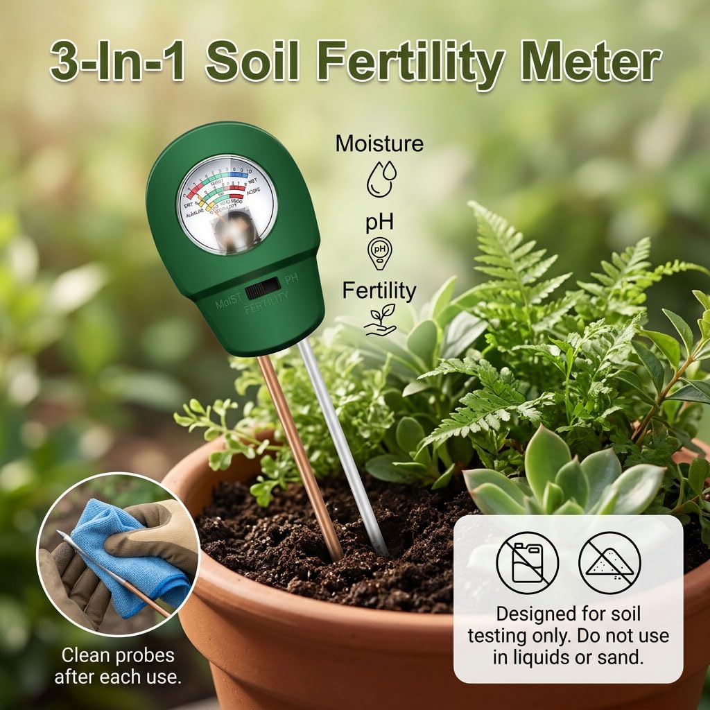 Medidor Humedad Plantas 3 en 1, Medidor pH Tierra Digital, Higrómetro Suelo Profesional para Test pH Suelo, Temperatura y Luz en Jardín, Césped y Macetas,no requiere pilas