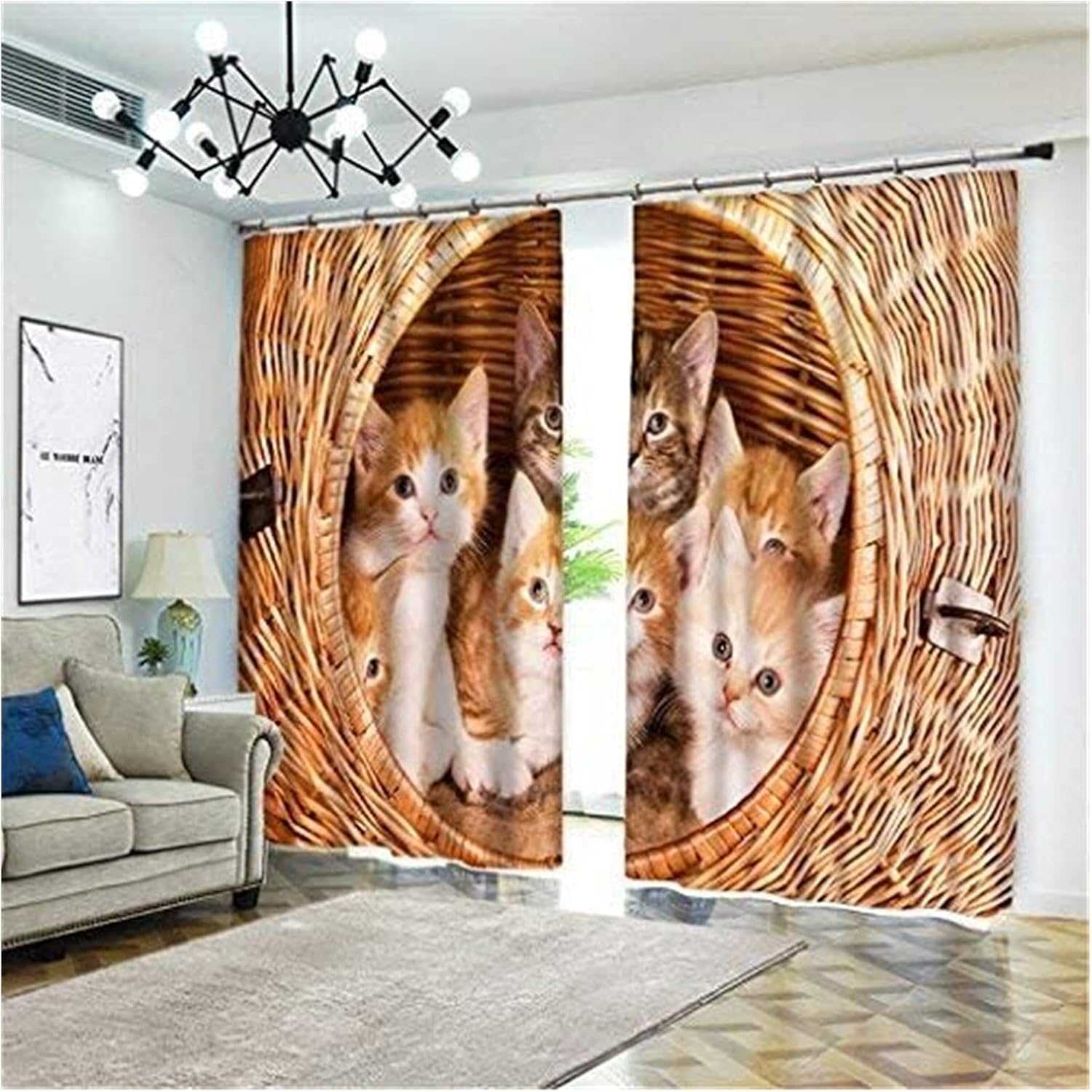 Thermal Insulated Blackout Curtains，,3D Kitten in The Bamboo Building Style Pattern, Living Room Bedroom Curtain 2 Panels Set (Size : 118 * 106 inch)