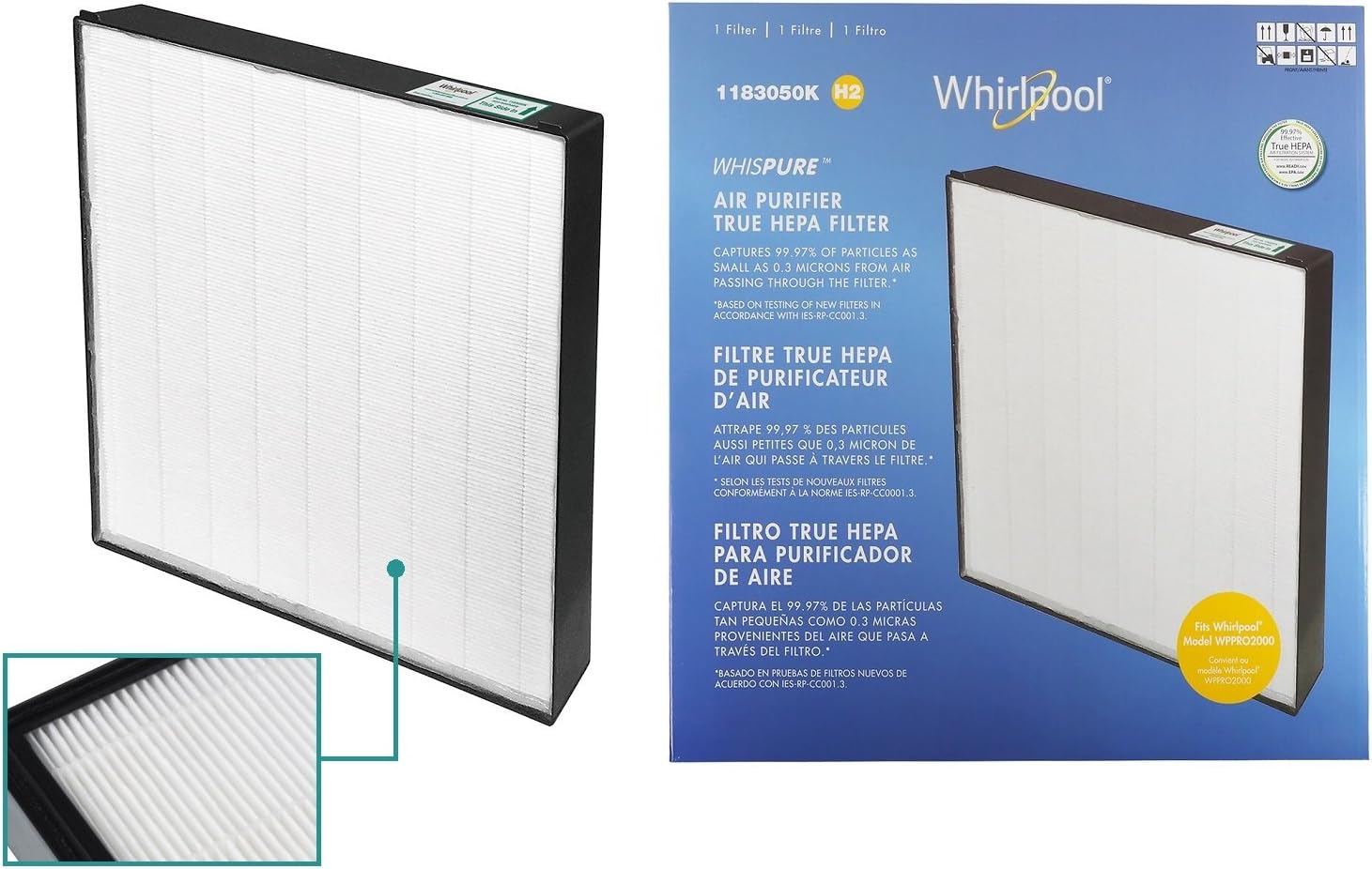 Whirlpool 1183050K True HEPA Filter (Extra Large) - Design to Fit Air Purifier Model WPPRO2000, 18.1x18.1 inch