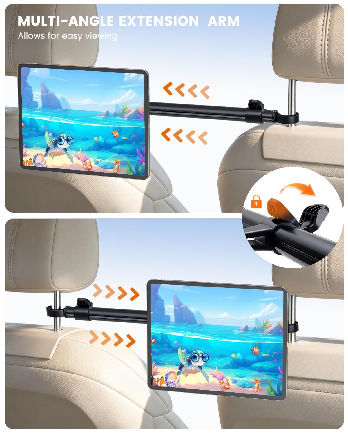OHLPRO Kfz-Kopfstützen-Tablet-Halterung für Kinder, Roadtrip-Essentials – ausziehbare Aluminiumstange (max. 83,8 cm) für Mittelsicht, 360° drehbar, magnetischer Rücksitzständer, passend für Tablets