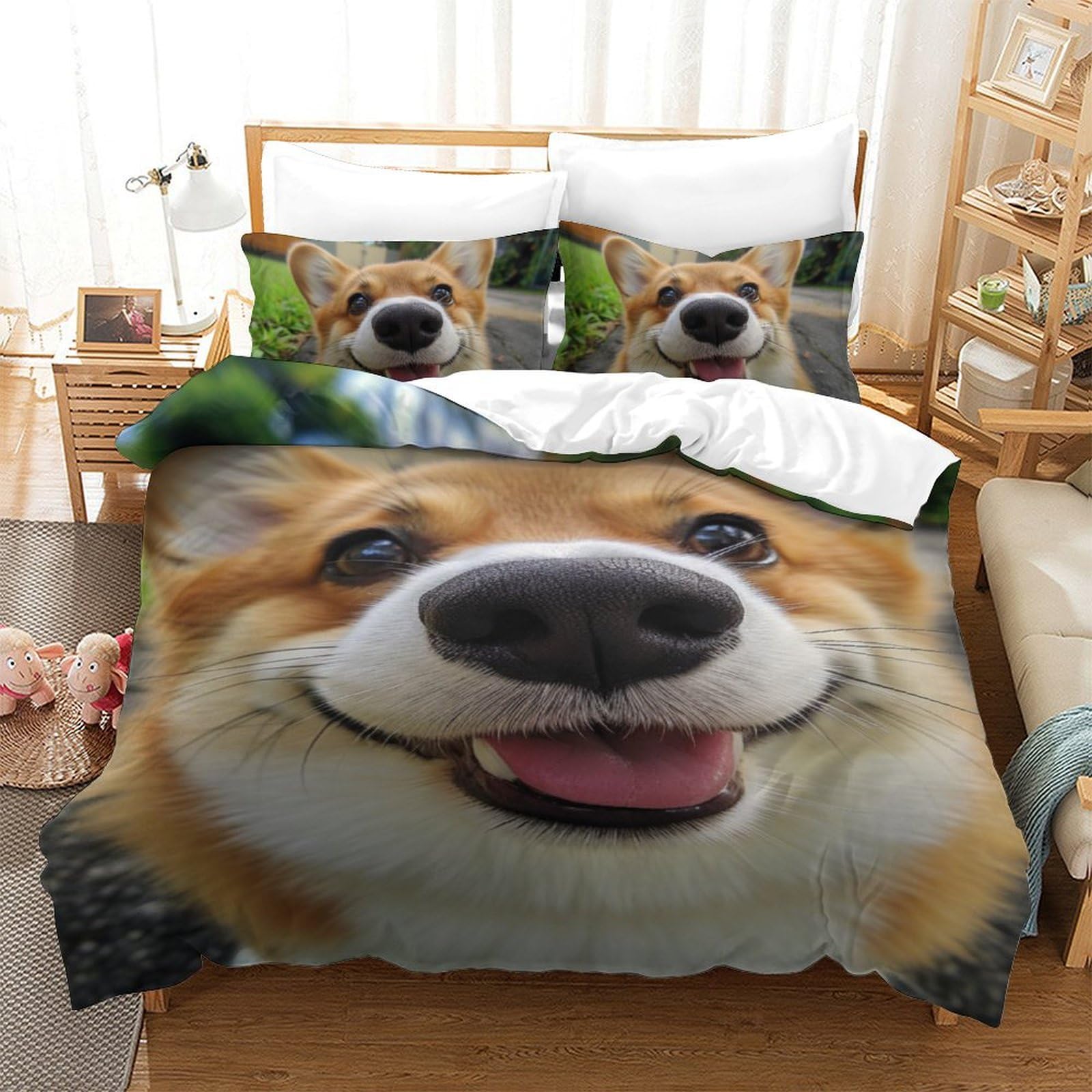Housse de couette Corgi 140x200 fermeture éclair parure de lit microfibre anti-plis