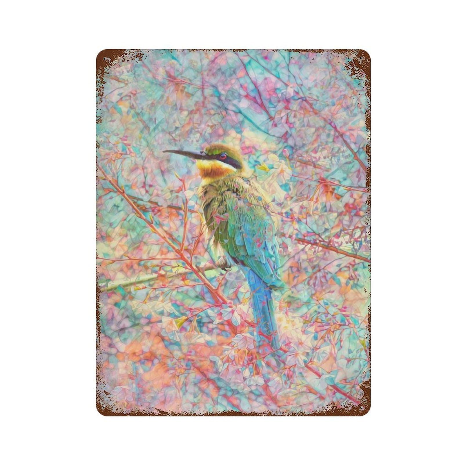 Distressed Metal Wall Sign with Happy Bird Design 15.7"x11.8", for Living Room, Hallway And Home Decor, Vintage Wall Decor