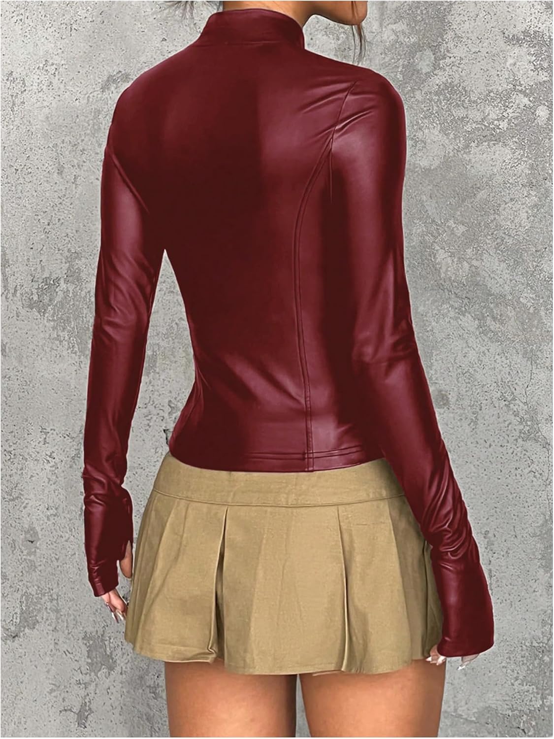 MakeMeChic Women's Faux Leather Jacket Thin Fleece Mock Neck Zip Up Long Sleeve Winter Coat Outerwear - Image 3