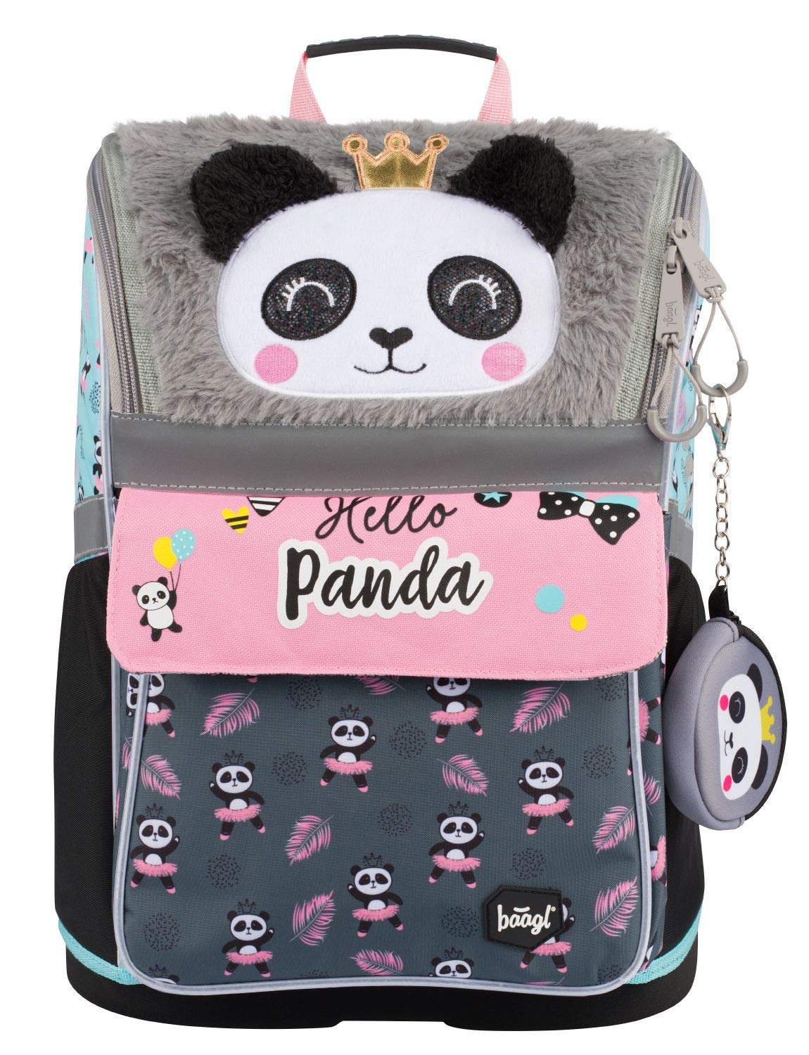 Baagl Set da 3 Pezzi Zaino Scuola Primaria con Cintura sul Petto, Zainetto Ergonomico per Bambini, Panda, 37x28cm