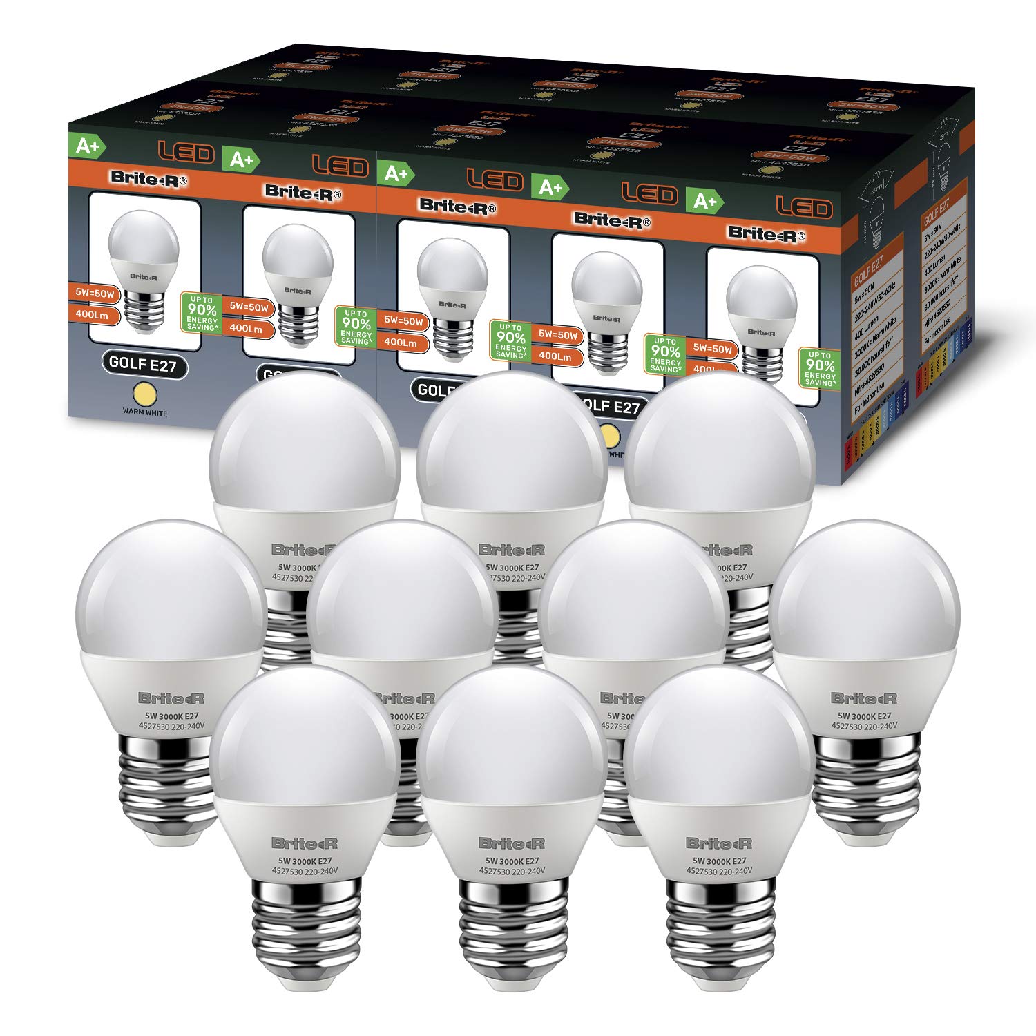 10x E27 ES Golf LED Bulbs 5W Warm White Brite-R 270° Beam 3000K 400lm 90% Energy Save* 50W Halogen Equiv Replacement Lamp AC220-240V Wide Angle Frosted Home Office Lighting UK Warranty Pack of 10