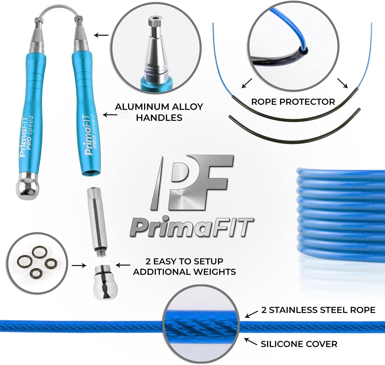 PrimaFIT Jump Rope Pro Speed Skipping Rope Adjustable Adult Jumping Rope Weighted Aluminium Handles for Double Dutch Boxing Workout Crossfit Exercise Fitness Spare Cable Weights Protectors Carry Bag