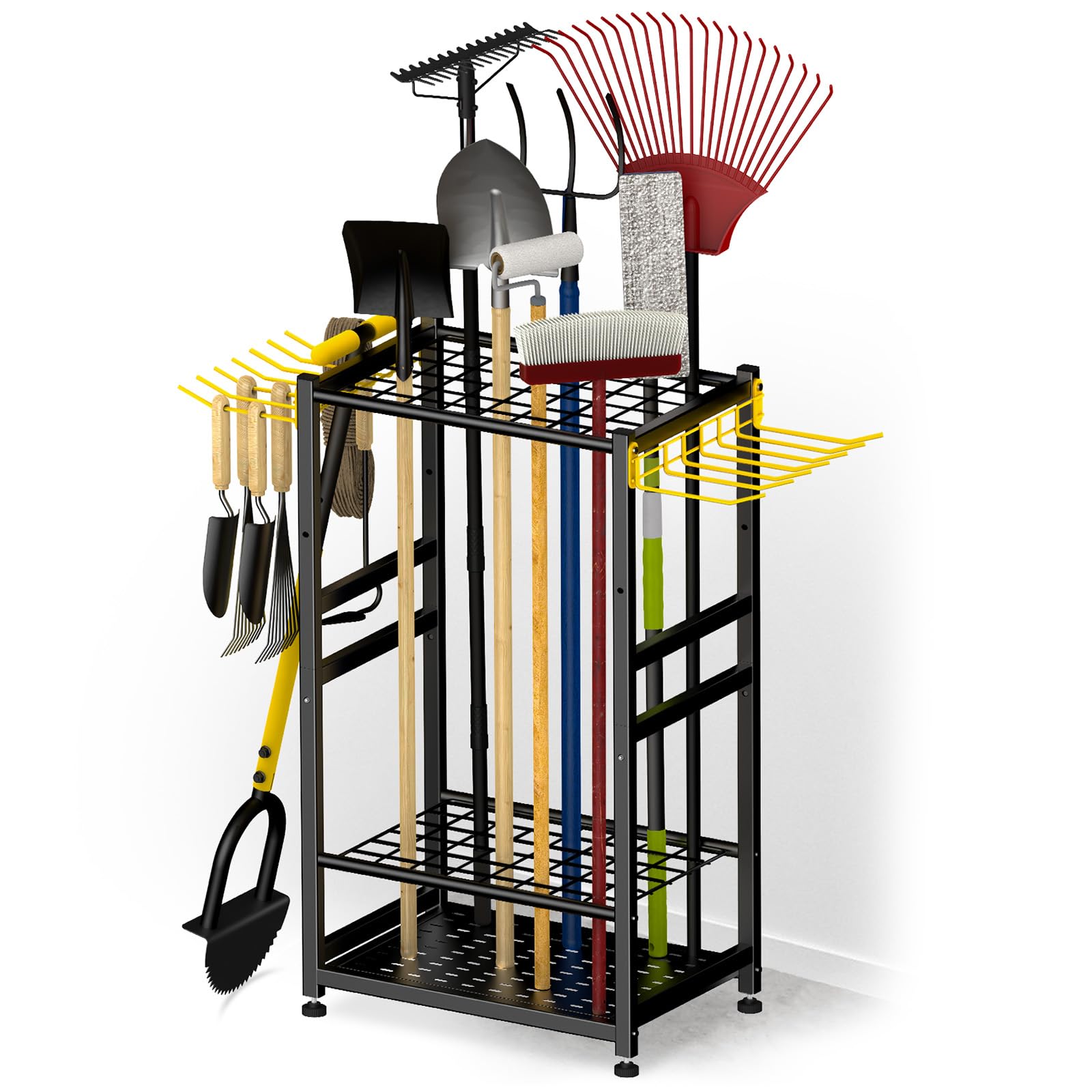 Organizer per attrezzi da giardino, fino a 48 utensili con manico lungo, per garage e organizzazione con gancio laterale per scopa/rastrello/pala/strumento con manico a T, in acciaio