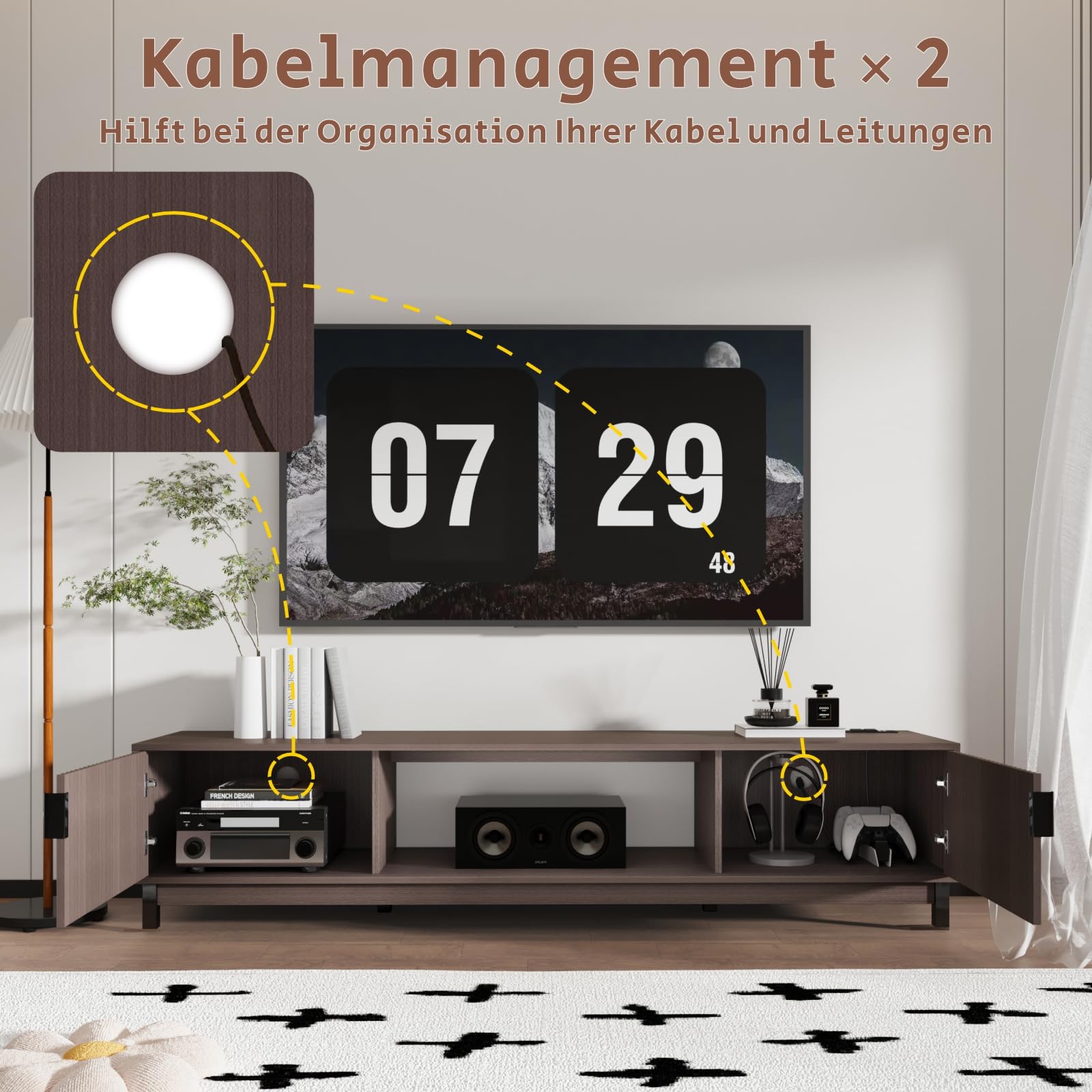 178 cm TV Lowboard für Fernseher bis 80 Zoll, TV Board mit Steckdose & USB-Anschluss, Modernes TV Schrank mit 2 Türen und Offenen Fächern, Braun