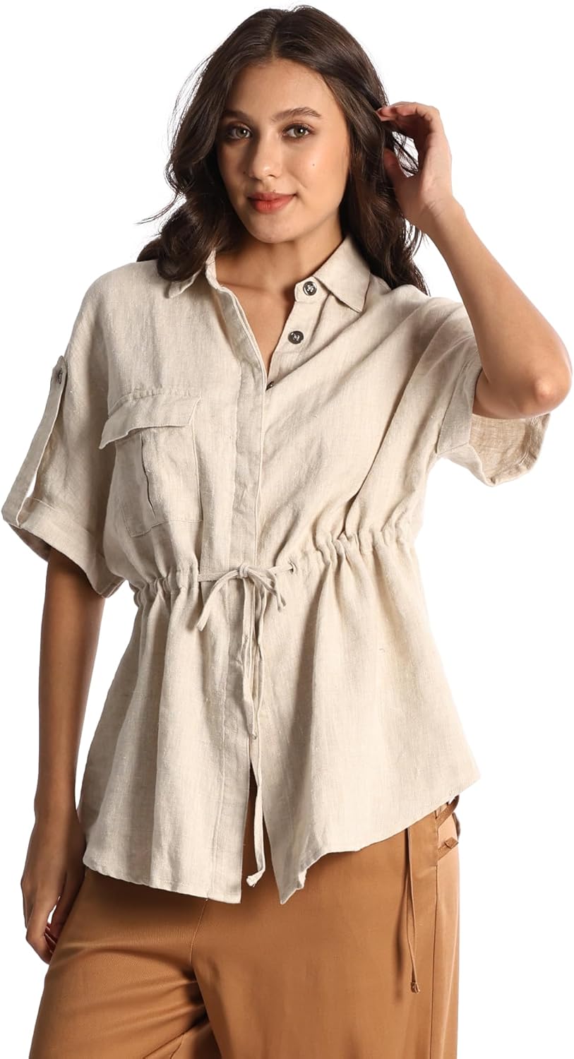 Womens Pure Linen Shirt Buttons Down Short Sleeve with Waist Tie Trendy Blouse - Image 2