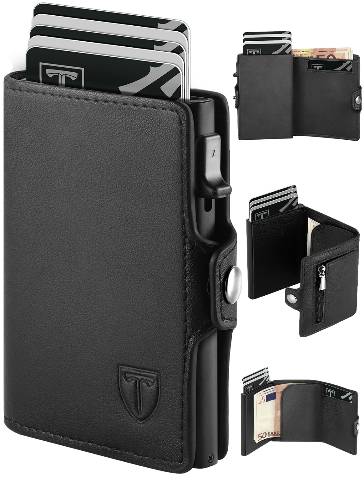 TEEHON Tarjeteros para Tarjetas de Credito | Cartera para Hombre y Mujer con Monedero | Automática Pop-up Billeteras de Protección RFID | Regalos para Hombres | Negro (A-Negro)