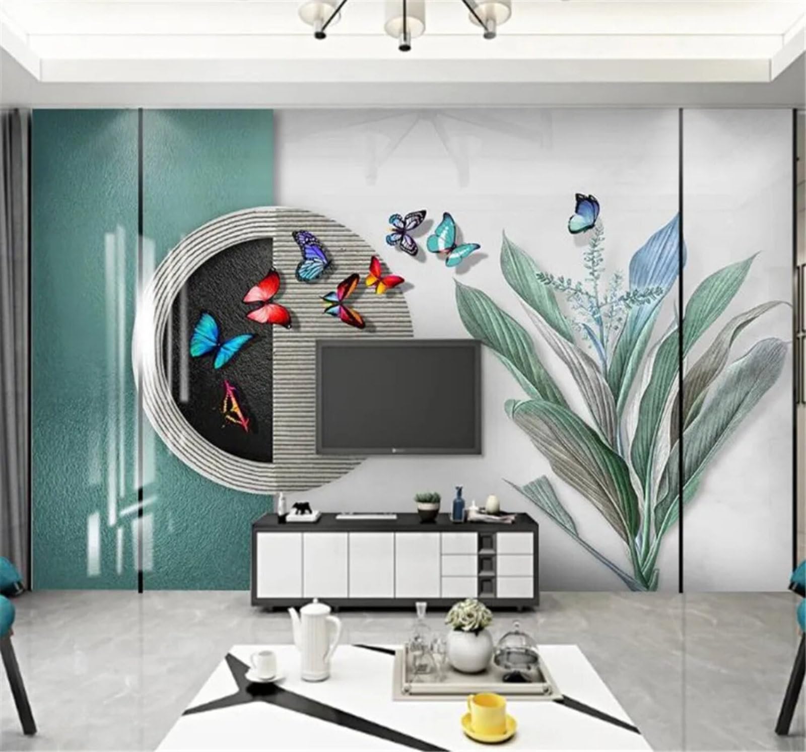 Tzxztt Three Dimensional Relief Geometric Botanical Leaves Butterflies Modern 3D Wallpaper Premium Textured Silk Neutral Tones Material Ideal for Living Room Bedroom-350cm×256cm