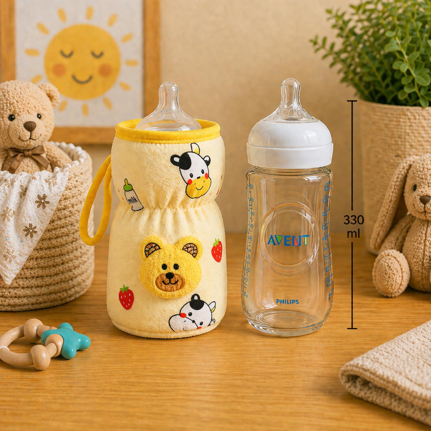 THE LITTLE LOOKERS Soft Plush Stretchable Baby Feeding Bottle Cover with Easy to Hold Strap | Cute Animated Overall Print Pack of 2 (Pink & Yellow, Wide Neck 240-330ml/8-11oz) 3