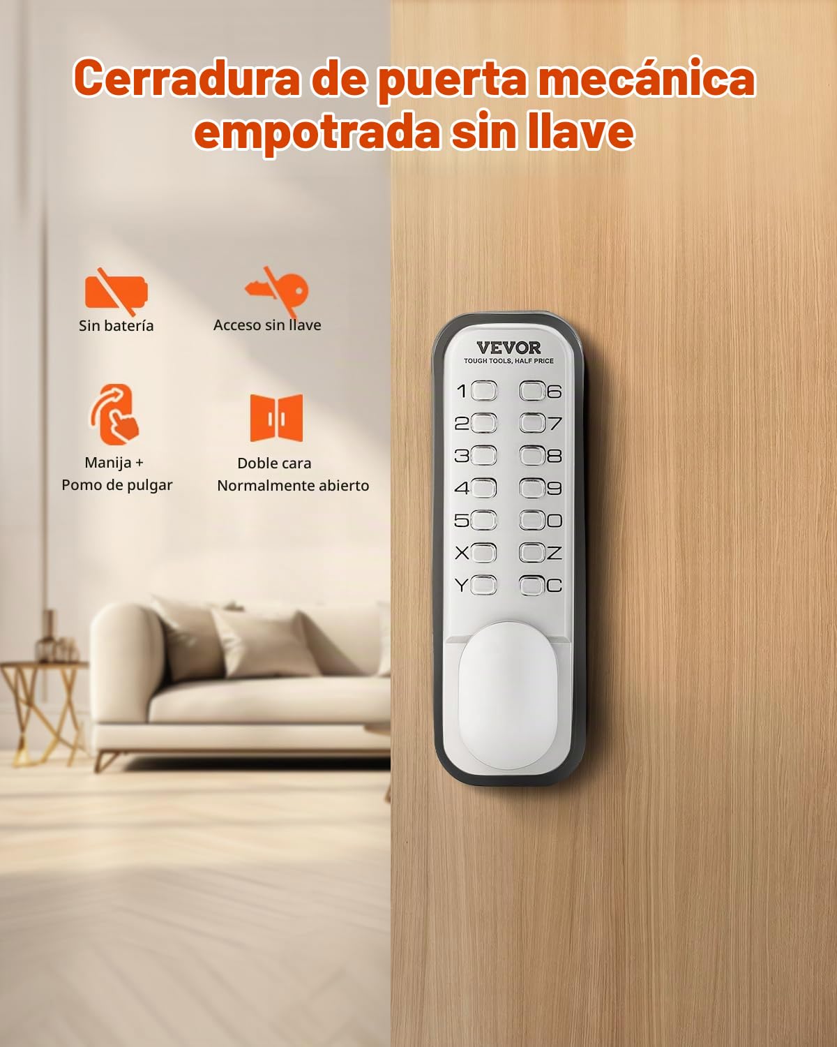 VEVOR Cerradura de Combinación Mecánica con Teclado de Una Cara 14 Teclas, Cerradura de Puerta sin Llave con Manija, Perilla Giratoria, Bloqueo de Código Incorporado para el Hogar, Oficina, Plata