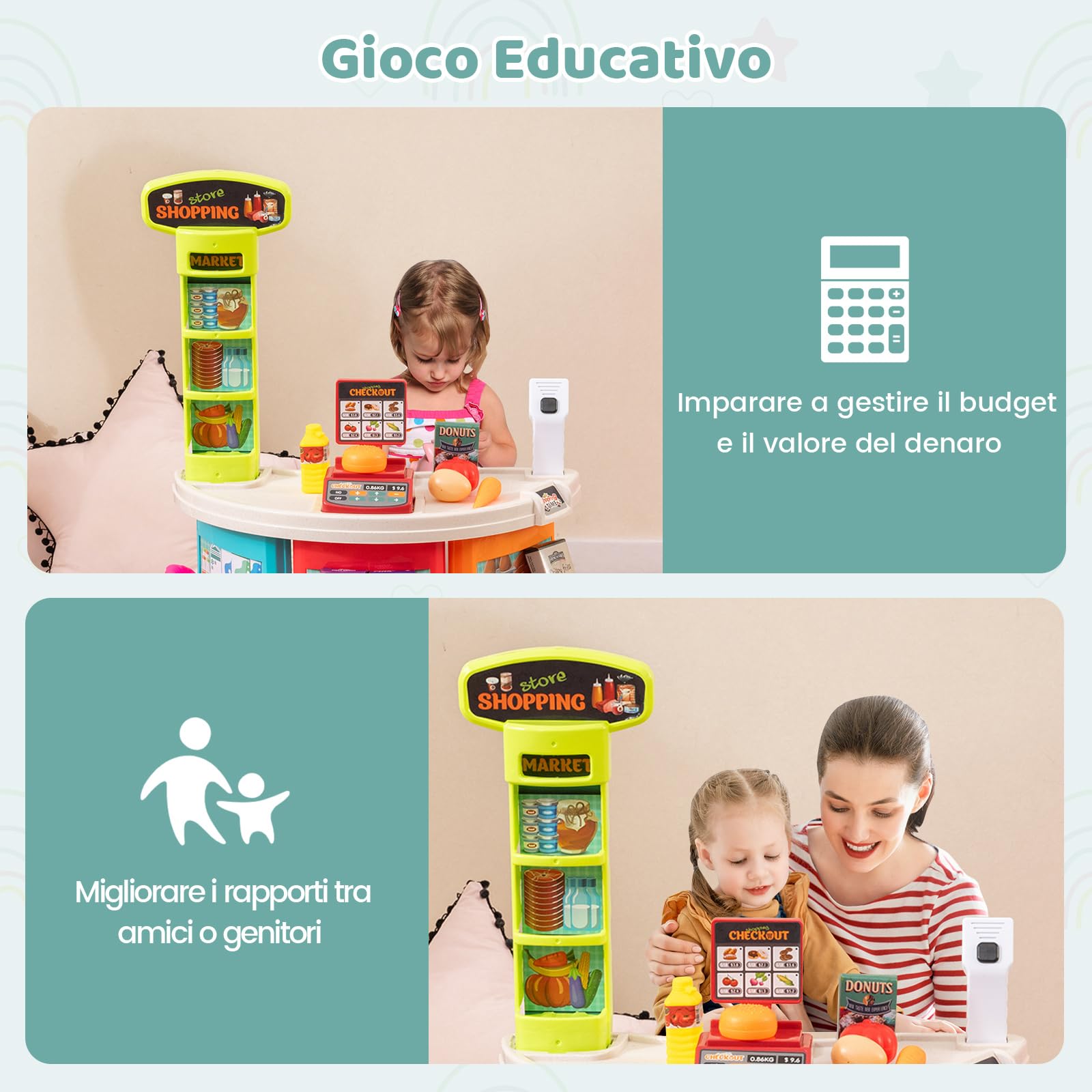 RELAX4LIFE Supermercado Juguete Infantil con Luz, Sonido, Carrito Compra, Cesta y 29 Accesorios, Caja Registradora Juguetes con Escáner, Supermercado de Madera para Niños de 3+ Años (Multicolor)