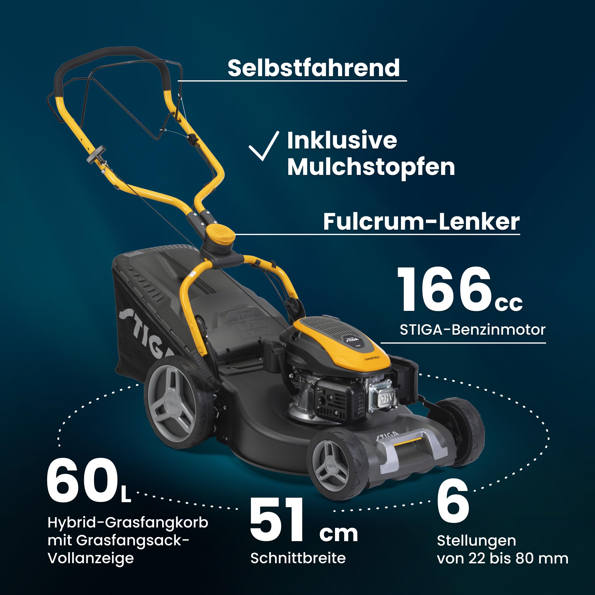 STIGA Combi 553 S Benzin-Rasenmäher, selbstfahrend, 51 cm Stahlmähwerk, 166 CCM Motor, 60 L Grasauffangbehälter, 3-in-1 Mähsystem, Verstellbarer Handgriff, Grau