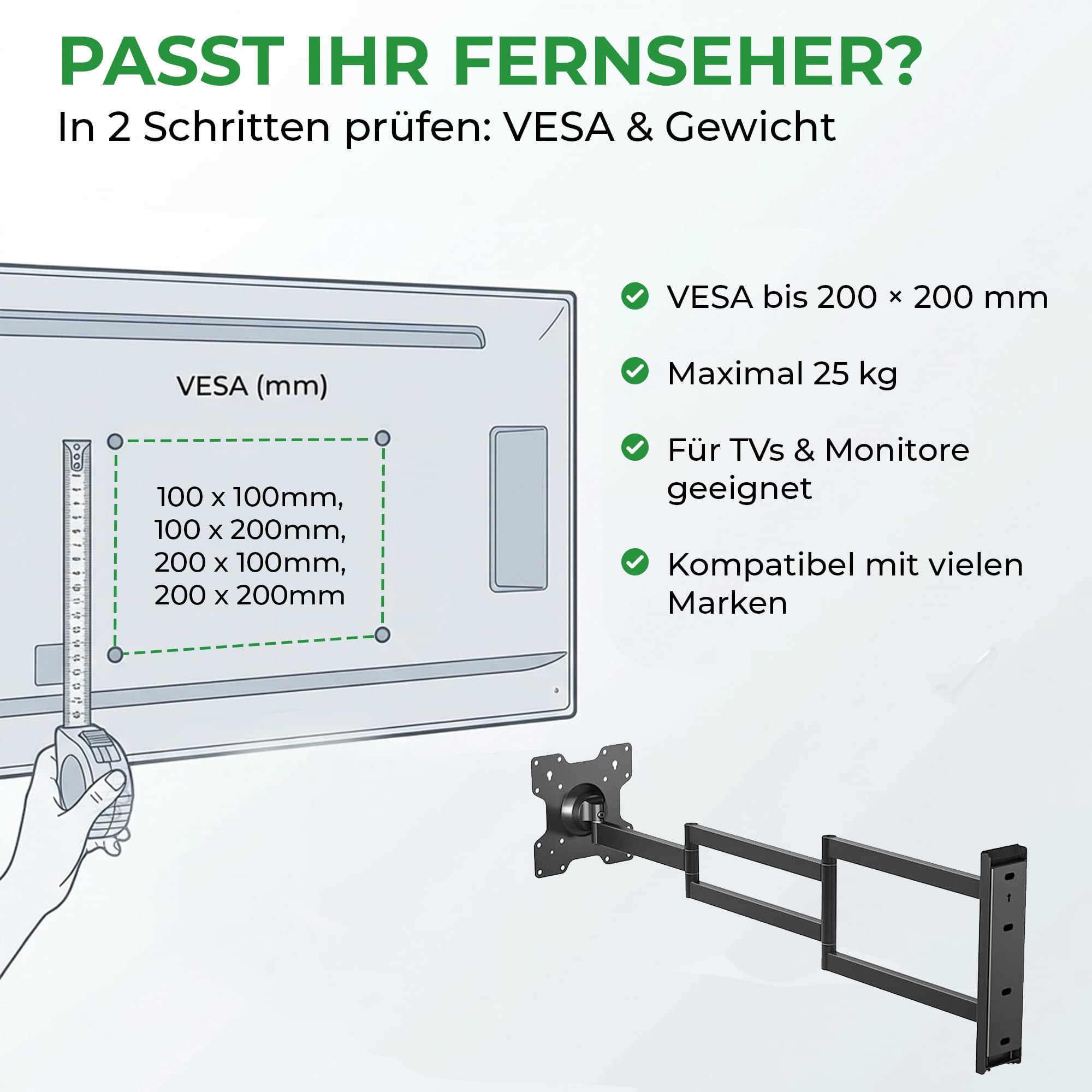 Axis XL 108,5 cm TV Wandhalterung mit extra langem Gelenkarm 50 Zoll Biz 75 Zoll – dreh-, Schwenk-, neig- & rotierbar bis 108,5 cm Auszug, 25 kg Traglast, VESA 200x200 mm, Wandhalterung TV