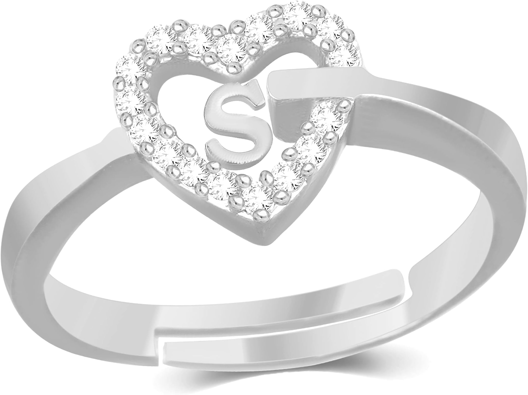 Valentine gift Jewellery Stylish Heart Shape Golden Proposal i love you Name Alphabet Letter Initial S Rings for girls women girlfriend Men Boys Couples American diamond Crystal Silver Plated Ring Set