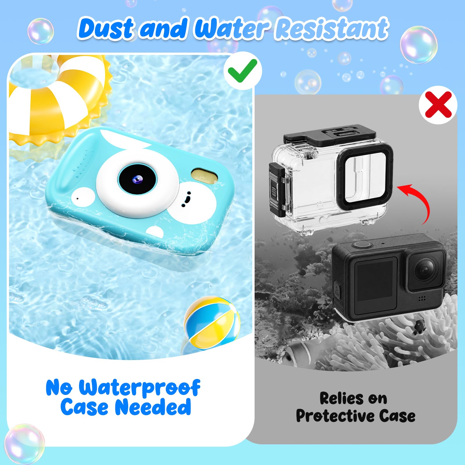 Unterwasser Kinderkamera, 48MP 1080P IP68 wasserdichte Digitalkamera Kamera Kinder mit 2,4 Zoll Bildschirm Notfall-LED-Blitz Reisen Strand Pool Spielzeug Geschenk für 3-12 Jahre Mädchen Jungen, Blau