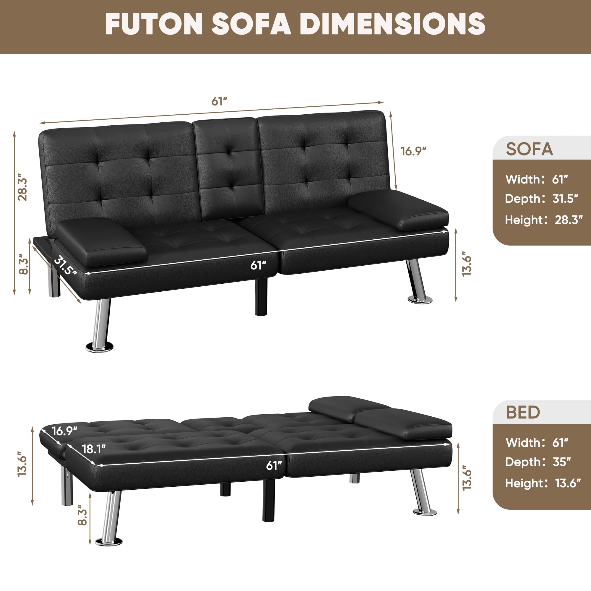 Homall Black Faux Leather Futon Sofa Bed, Loveseat with Adjustable Backrest | Futon Couch with Removable Armrests, Recliner Sleeper Sofa Bed with Dual Cup Holders for Living Room, Apartment, Office|Black