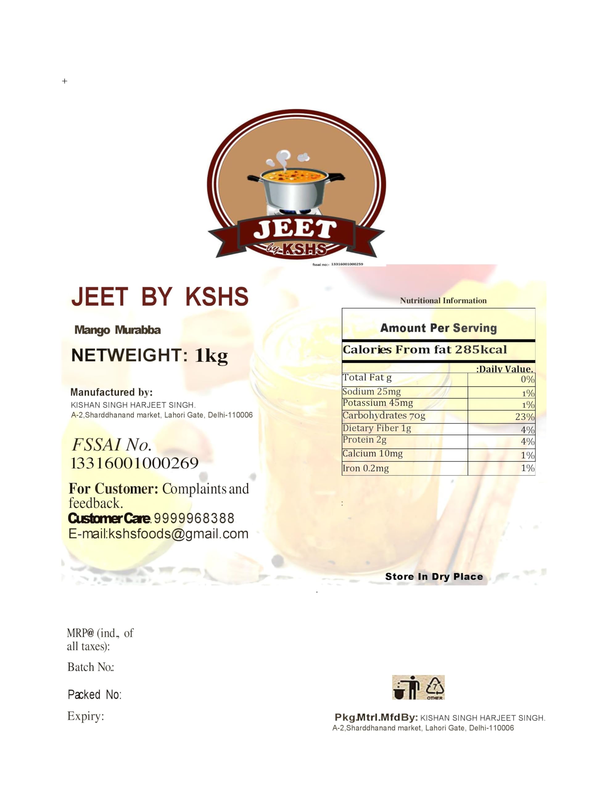 JEET BY KSHS Home Made Organic Mango Murabba,1KG 2