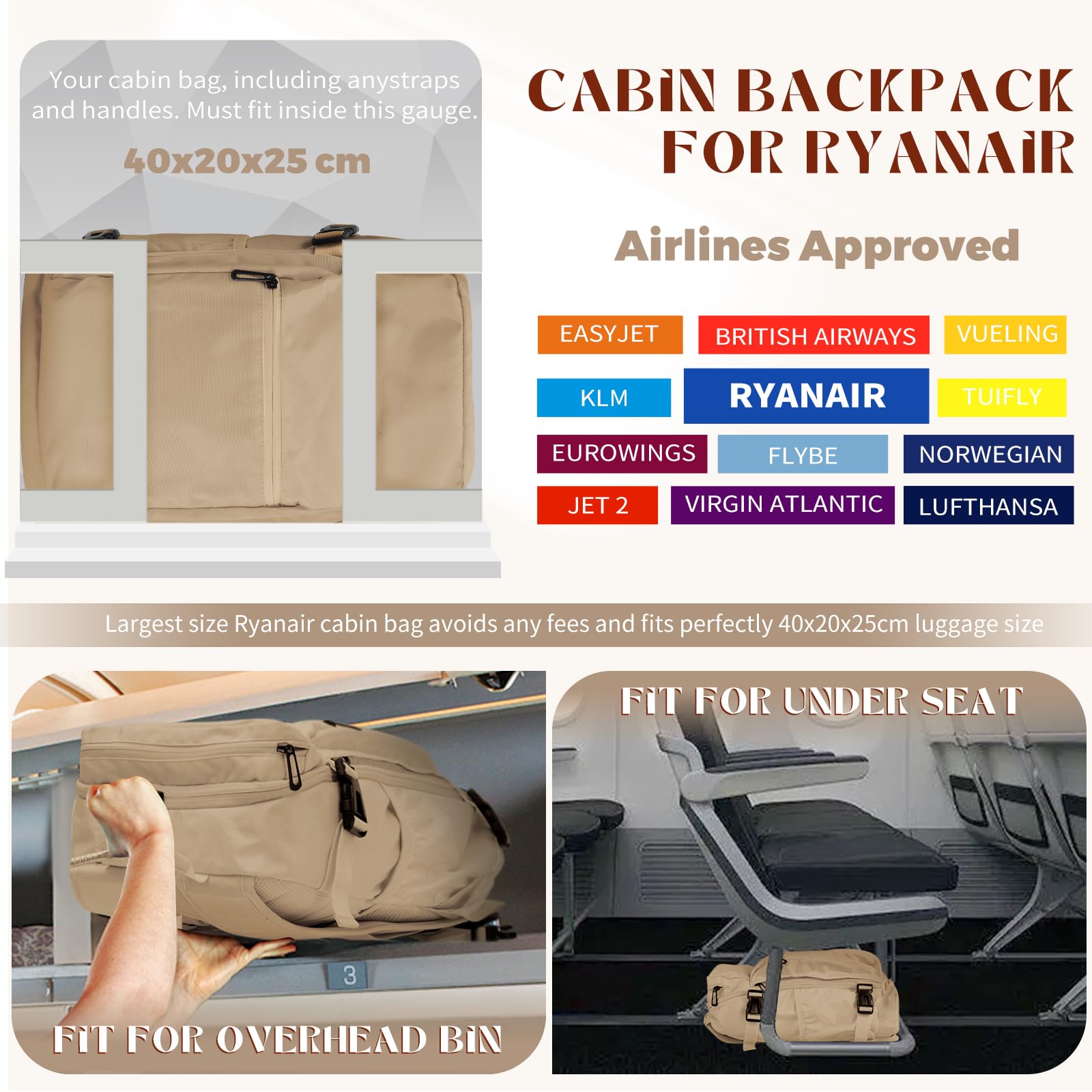 per Ryanair Zaino da Viaggio 40x20x25, Zaino Aereo Cabina Bagaglio a Mano Sotto il Sedile Zaino Borse da Viaggi Donna Uomo Zaino Porta PC per Wizzair | Volotea | Vueling (Marrone)