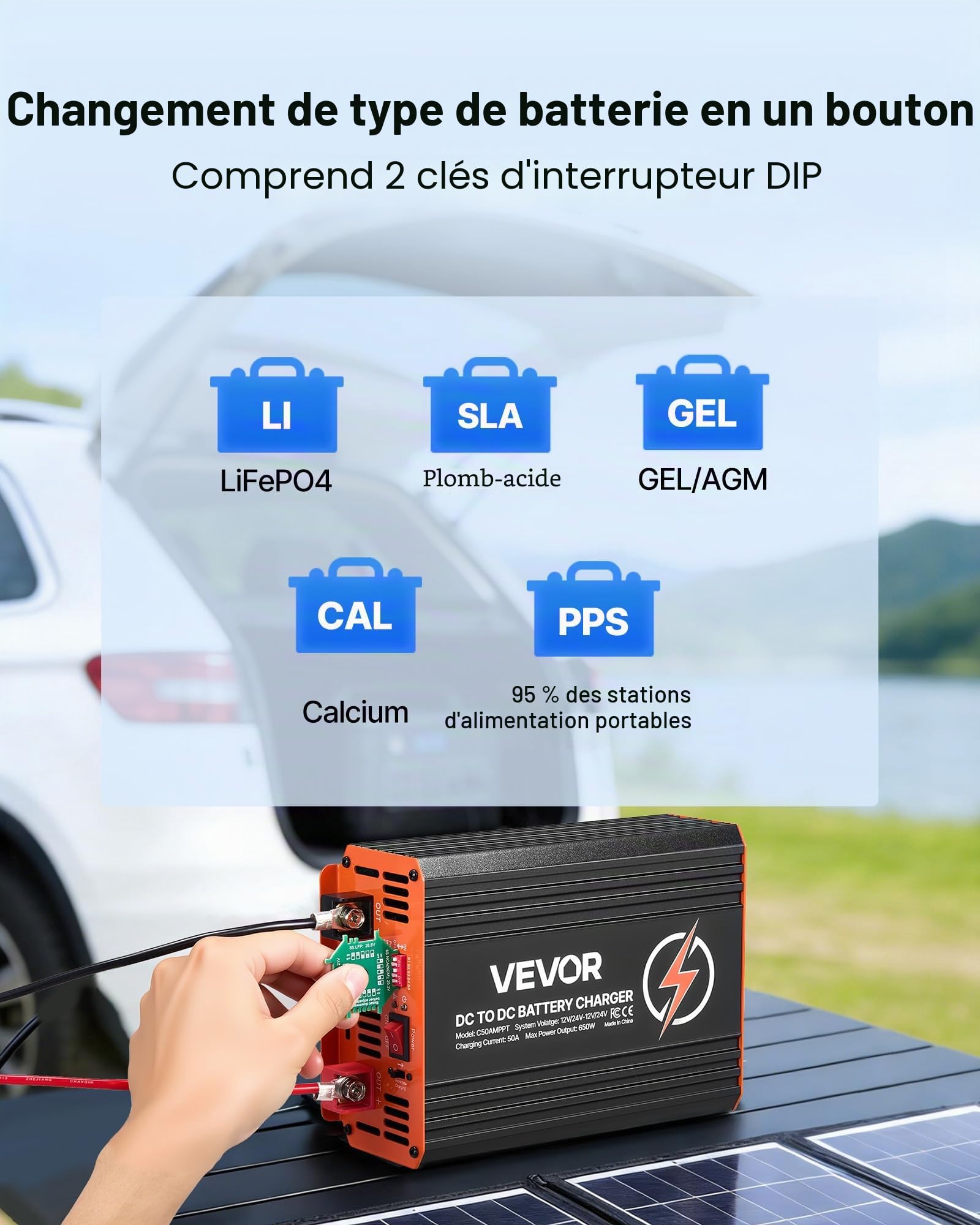 VEVOR Chargeur DC-DC avec MPPT 650 W 50 A Chargeur de Batterie DC-DC 12 V/24 V-12 V/24 V Double Entrée Panneau Solaire/Alternateur pour Camping-Car Voiture Bateau, Compatible avec LiFePO4 Plomb-Acide