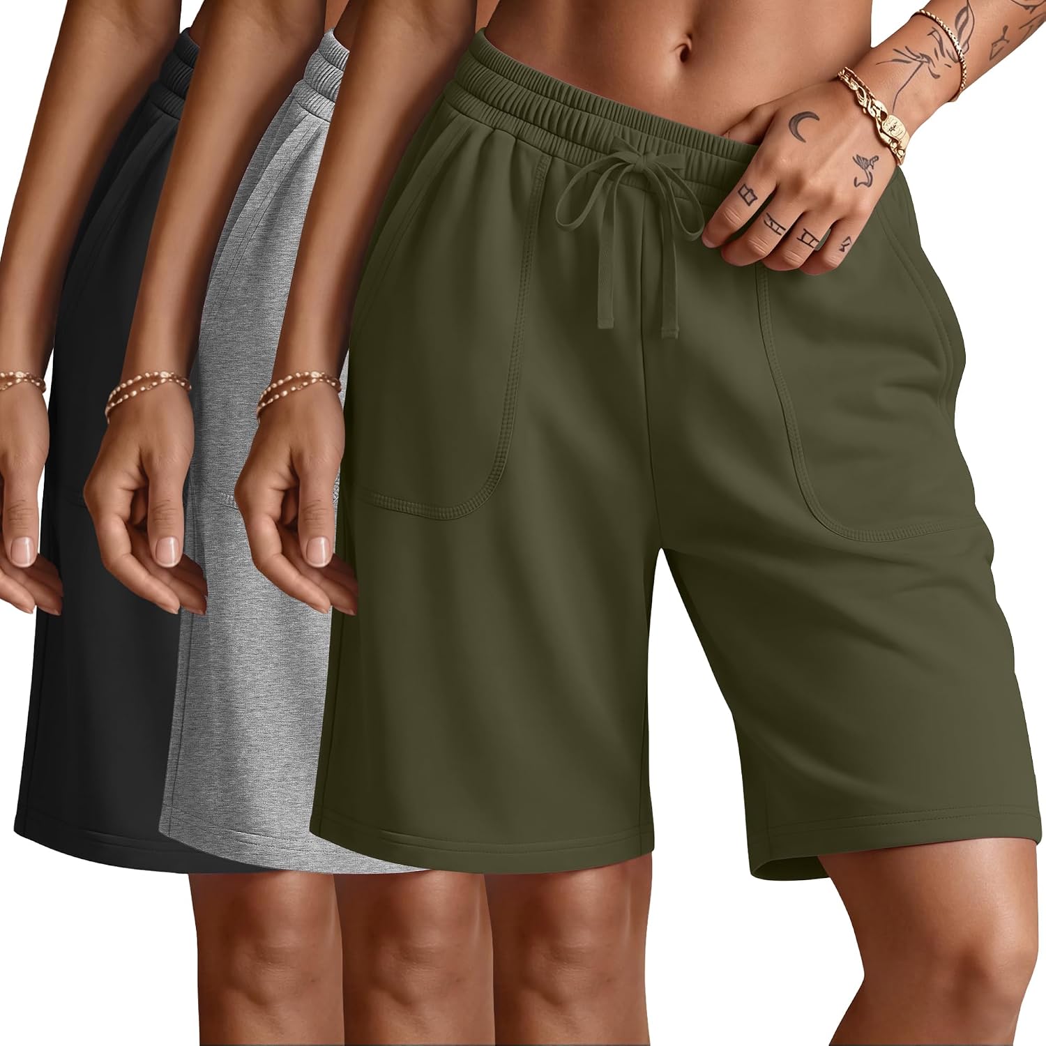 Riyiper 3 Pack Womens Bermuda Shorts High Waist Knee Length Shorts Athletic Drawstring Summer Casual SweatShorts with Pockets