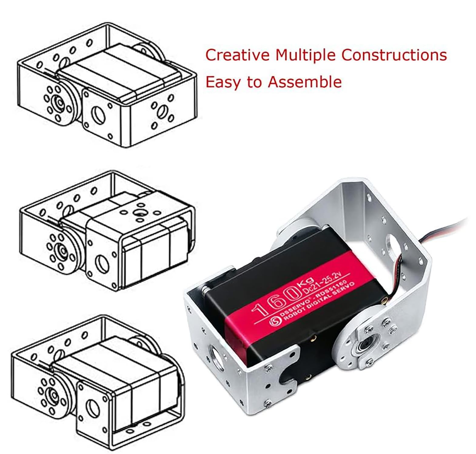 Servomotor robot de 160 kg, 24 V, engranaje de acero de alto par, servo de dirección digital para vehículos RC, brazos robóticos, humanoides y más, con soportes de montaje (270°)