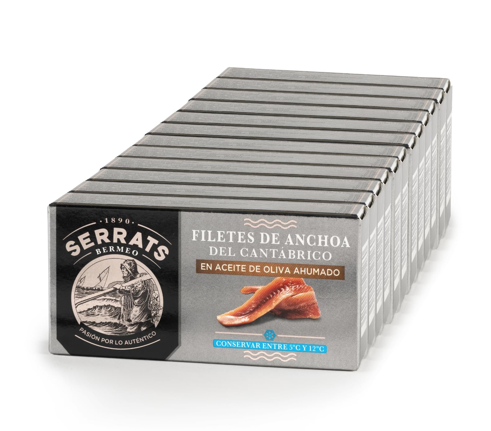 CONSERVAS SERRATS - Anchoas del Cantábrico en Aceite de Oliva Ahumado - 12 Latas x 50g (Total: 600g) - Elaboración Artesanal, 100% Natural, Sin Espinas, Gourmet, Alto contenido en Omega 3