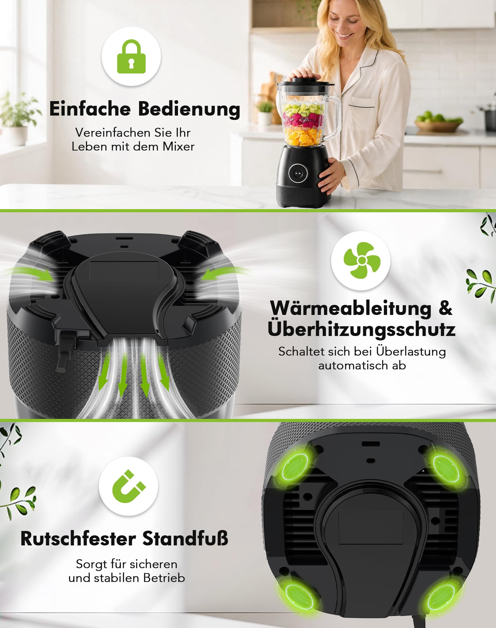 Mixer, Smoothie Maker, Standmixer, 1500 Watt Hochgeschwindigkeits Mixer Smoothie Maker mit 1,5L Glasbehälter, 600ml Flaschen BPA frei Tritan, einstellbare Geschwindigkeit für Smoothies, Mixen