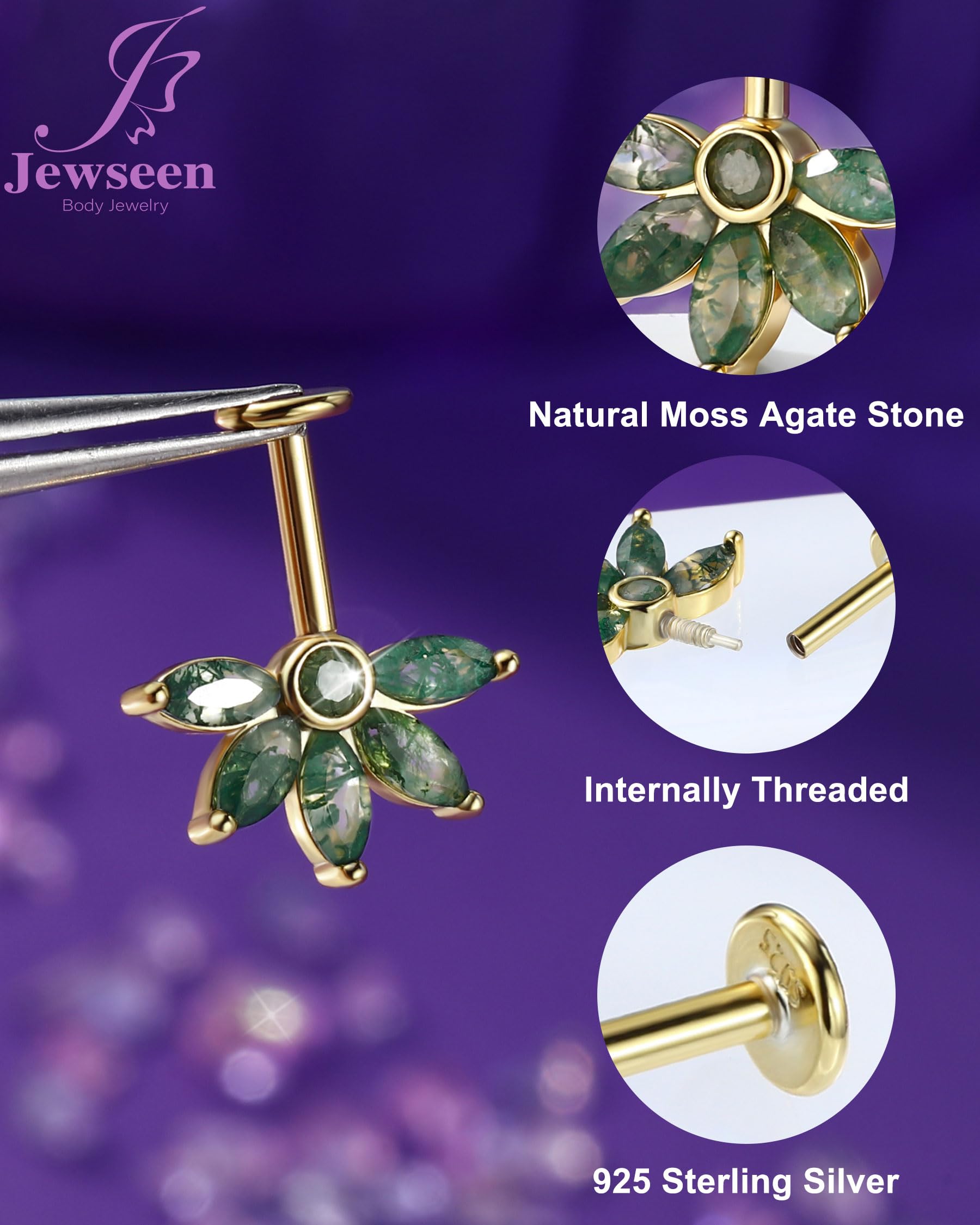 Jewseen Pendiente vertical oculto en forma de hélice, ágata, parte trasera plana, flor, cartílago, plata de ley 925, aretes de trago con rosca interna, joyería de 16 g, 6 mm