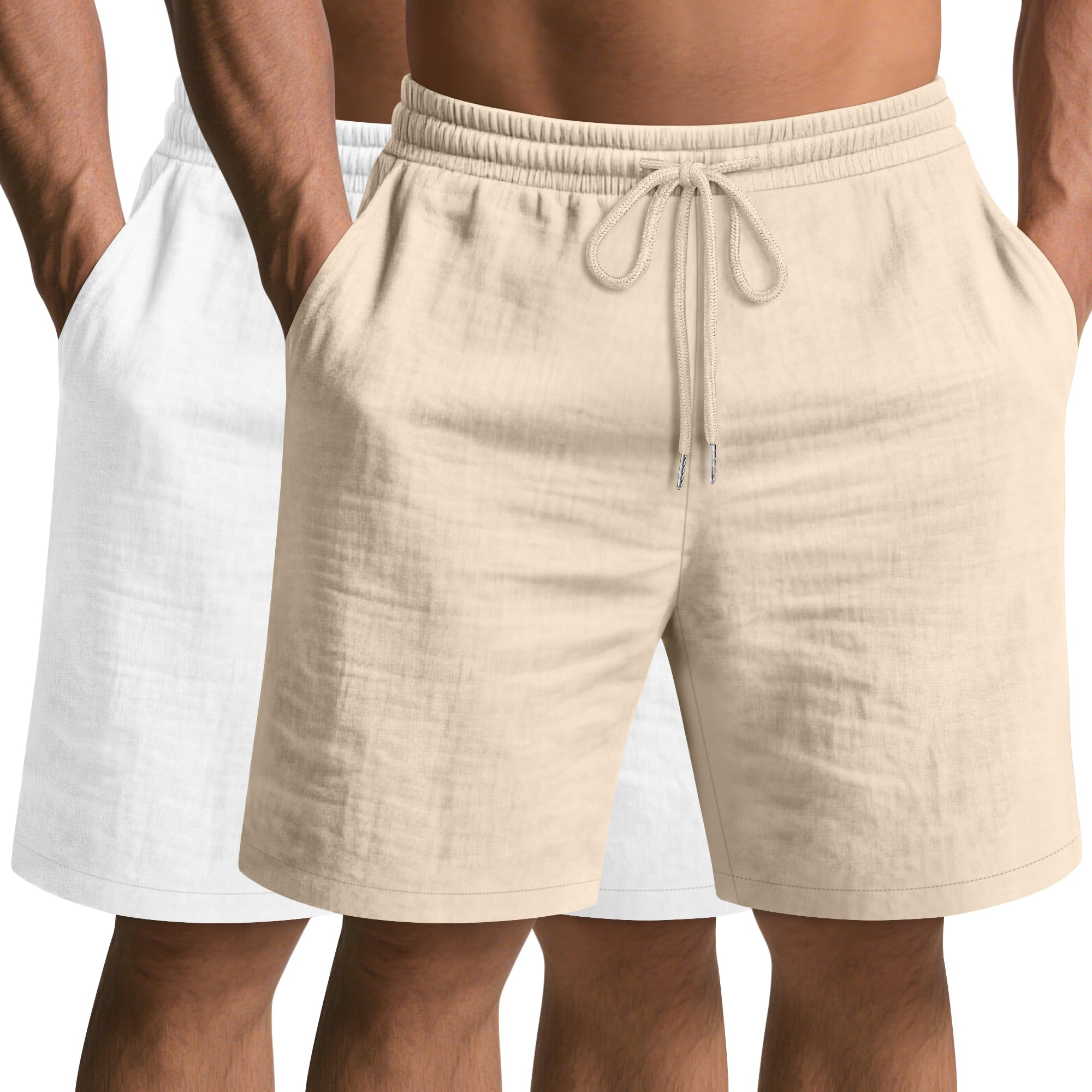 Ficerd 2 Pack Cotton Linen Big and Tall Shorts for Men Drawstring Elastic Waist 7" Summer Beach Bermuda with Pockets