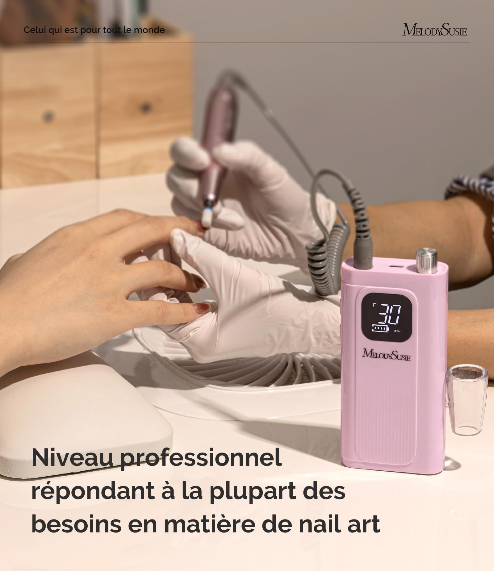 MelodySusie SC300F Professionnel Ponceuse pour Ongles à Clip, Rechargeable Sans Fil Lime à Ongle Electrique 30000 tr/min, avec LCD écran et Vitesse Réglable, pour Salon