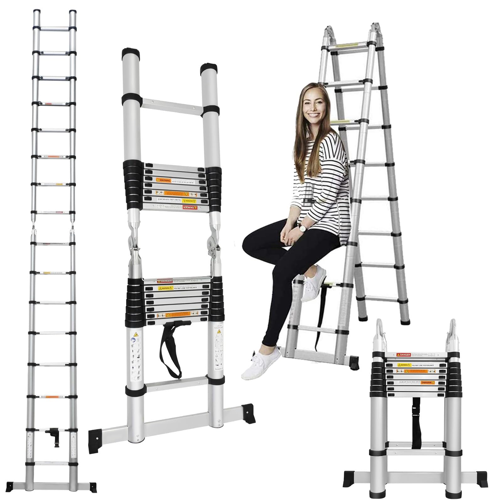 5M Telescopic Ladder 2.5M+2.5M A Frame Multi-Purpose Aluminum Telescoping Ladders Extendable 2x8 Steps Portable Sturdy Loft Ladder for Gutter Cleaning Replace Bulb Repair Roof, Max Load 330lbs — image 1