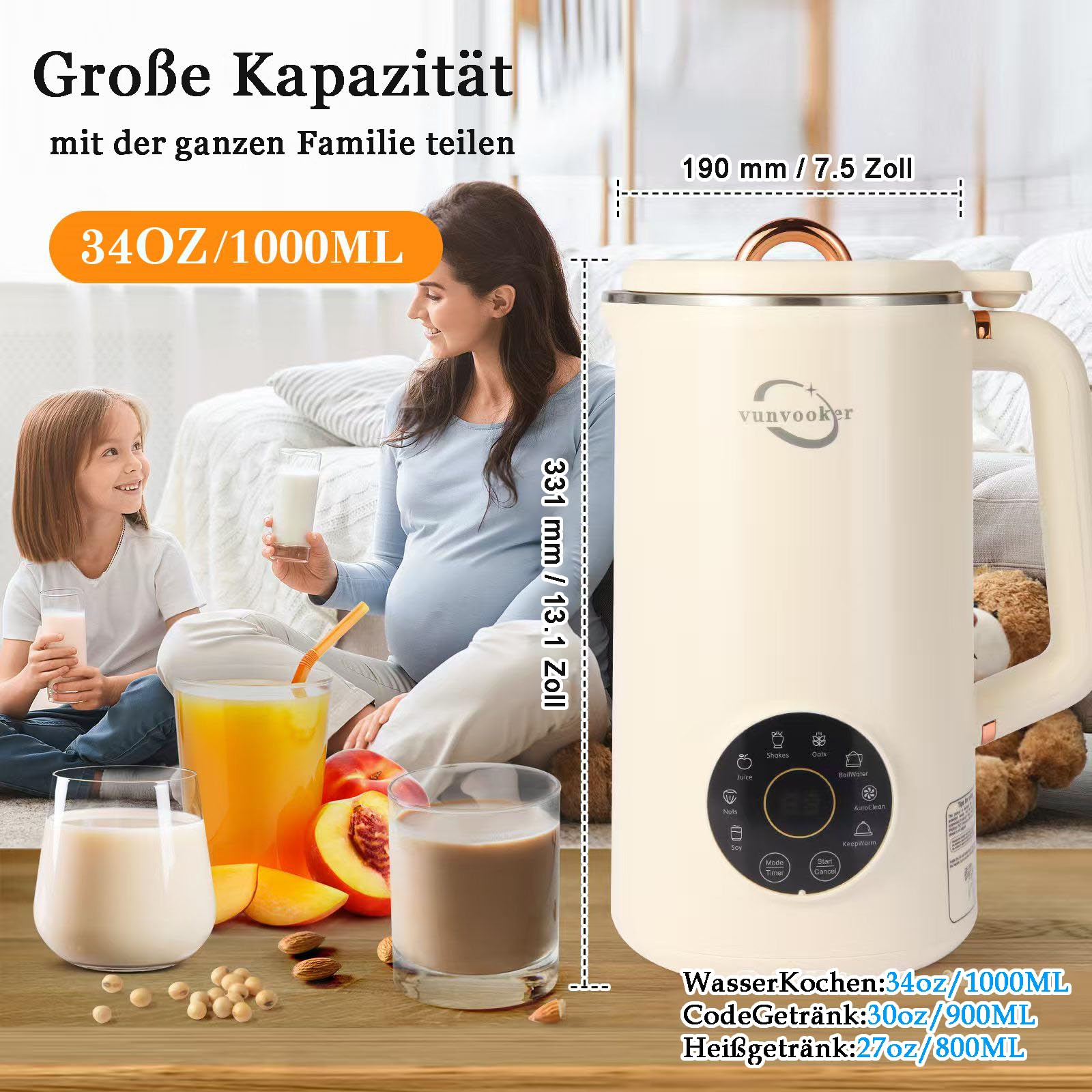 Macchina per latte di noci, multifunzionale, automatica, latte di mucca vegetale fatto in casa, soia, mandorla, avena, cocco, succo, 1000 ml macchina per latte di soia