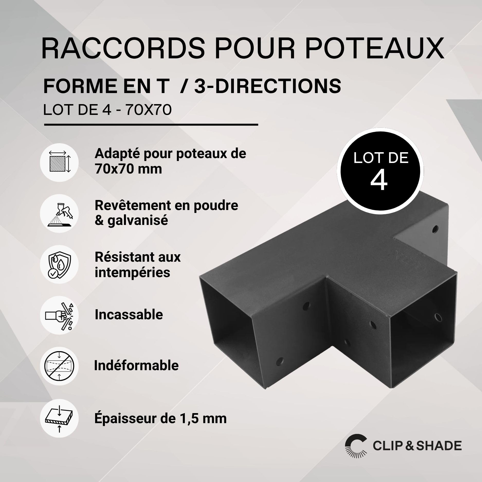 CLIP & SHADE Lot de 4 connecteurs de poteau bois 70x70 mm en T 3 voies | Support de poteau 7x7 cm galvanisé et thermolaqué | pour pergola, carport, terrasse
