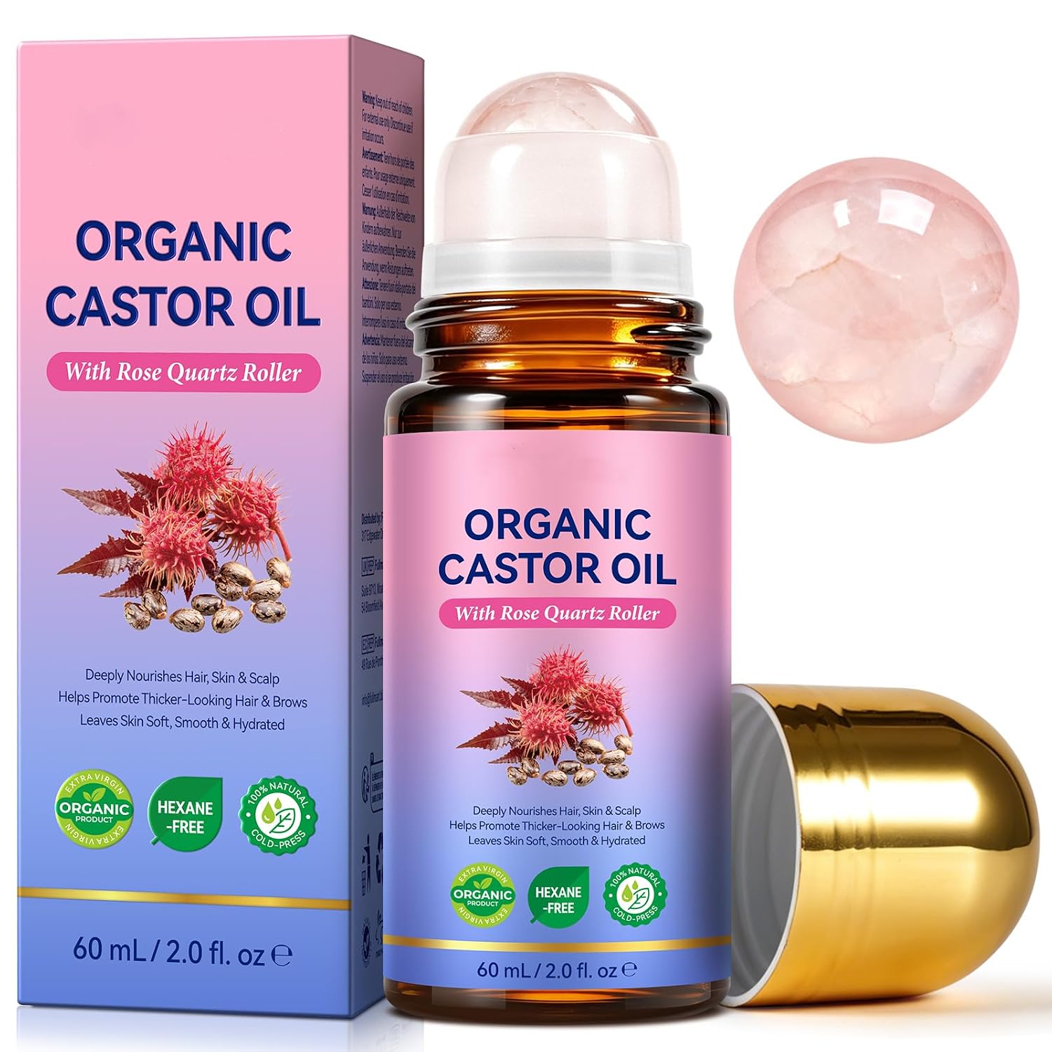 Organic Castor Oil Rose Quartz Roller Ball, 2.02 Fl Oz