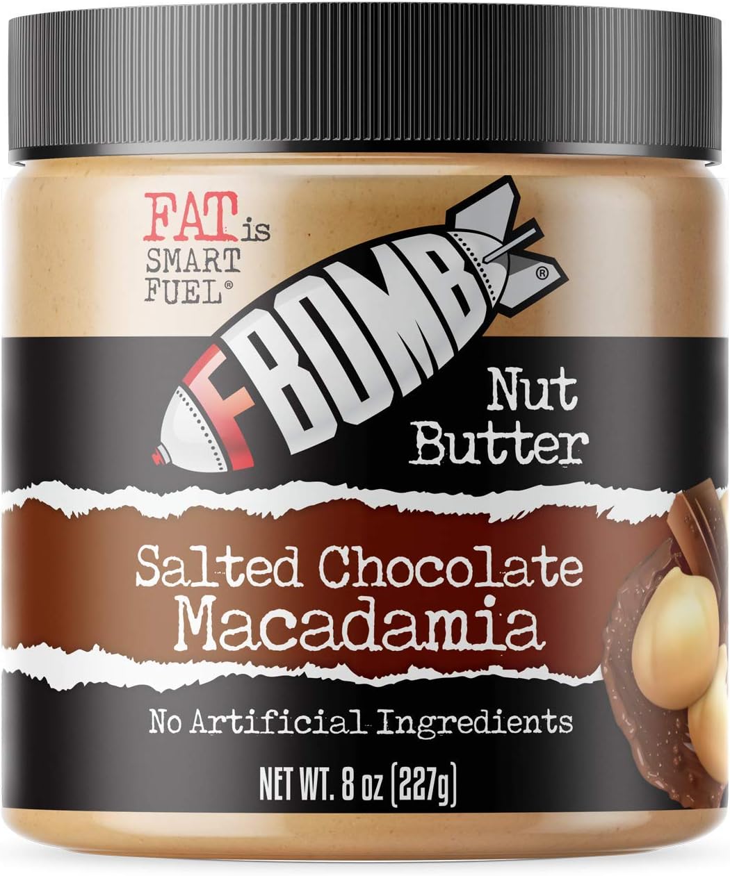 FBOMB Macadamia Nut Butter: Keto Fat Bombs, Natural Roasted Macadamia Nuts | High Fat, Low Carb Snack, Energy | Paleo, Healthy, Keto Snacks | Salted Chocolate Macadamia - 8oz Jar