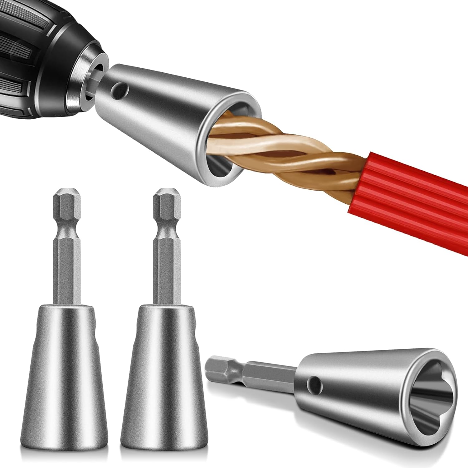 BURMONG 3Pcs 2026 Wire Twister Tool for Drill, 6MM Hex Shank Wire Nut Twister, Wire Stripper & Electrical Cable Twisting Tool, Durable Wire Connector Drill Attachment for Electricians & DIY