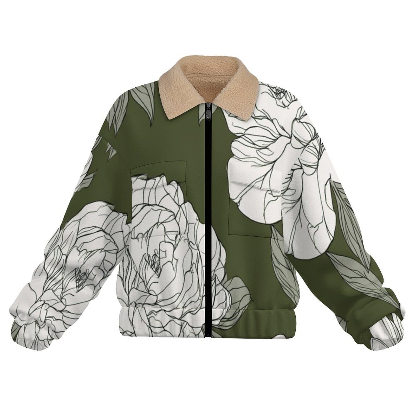 Giacca in Pile da Donna Teddy Fodera Peluche Sherpa con Cerniera, Stampa Rose Peonie, Giacca Linee d'arte Caldo Fleece Maniche Lunghe, Giacche Inverno con Tascabile