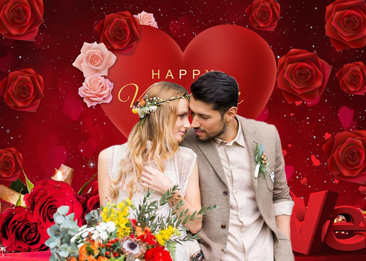 3.6x3m Telón de Fondo San Valentín Rojo Rosa Flor Amor Corazón Feliz Día de San Valentín Tema Fotografía Fondo Boda Aniversario Ducha de Novia Día de la Madre Decoraciones Fiesta Photo Booth Props