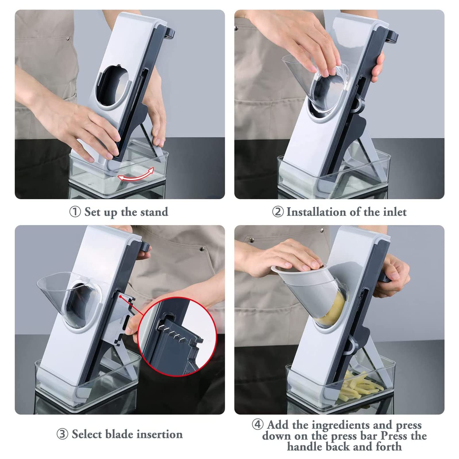 Affettatrice Mandolina Sicura per Cucina, Tritaverdure 4 in 1 Strisce Affettatrici Alimentari Regolabili Julienne Dicer Gadget Verticale per Patate, Cipolle, Cetrioli, Carote, Carne, Formaggio,Blu